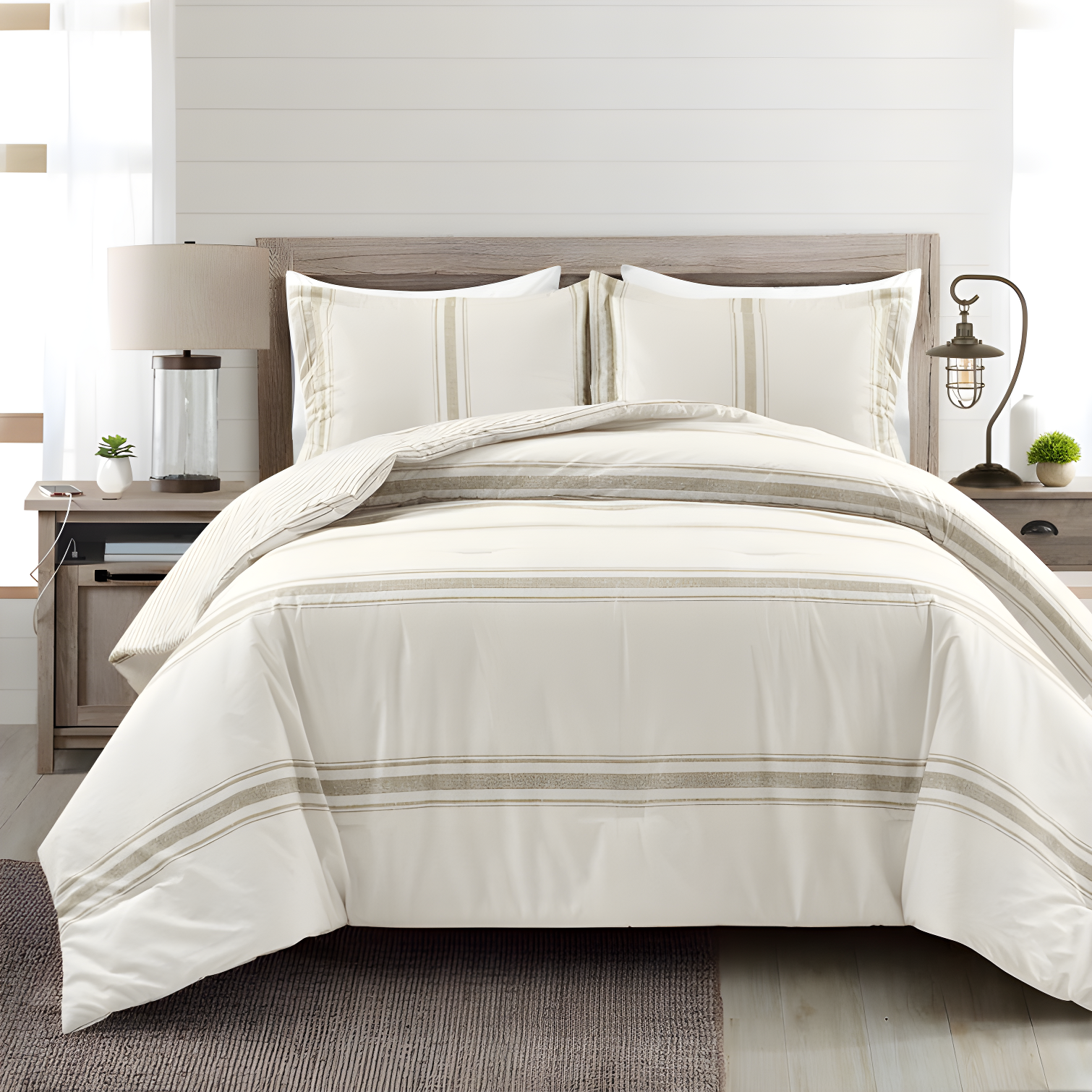 Farmhouse Stripe King Cotton Comforter and Sham Set in Neutral