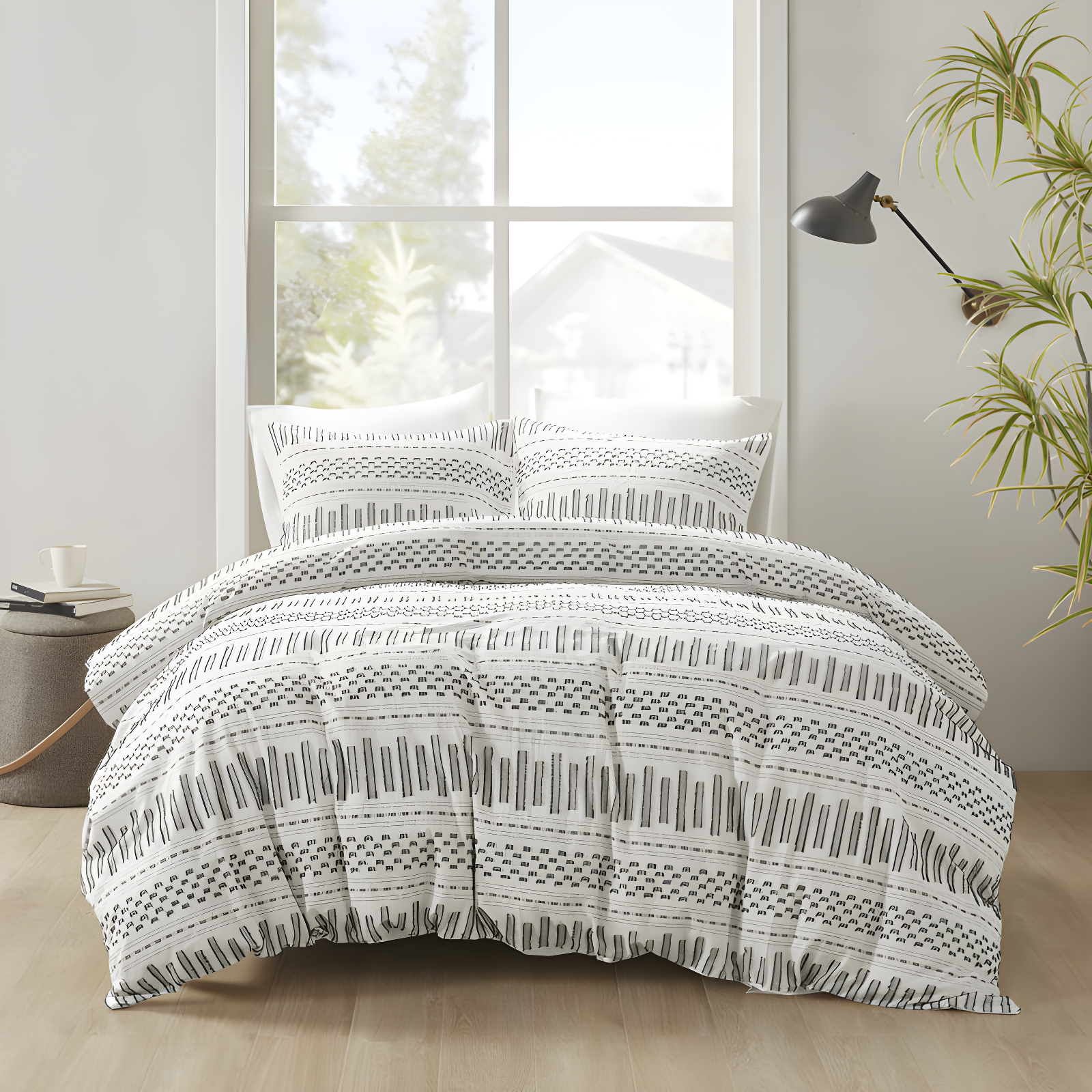 Ivory and Charcoal Cotton Jacquard King Bedspread Set