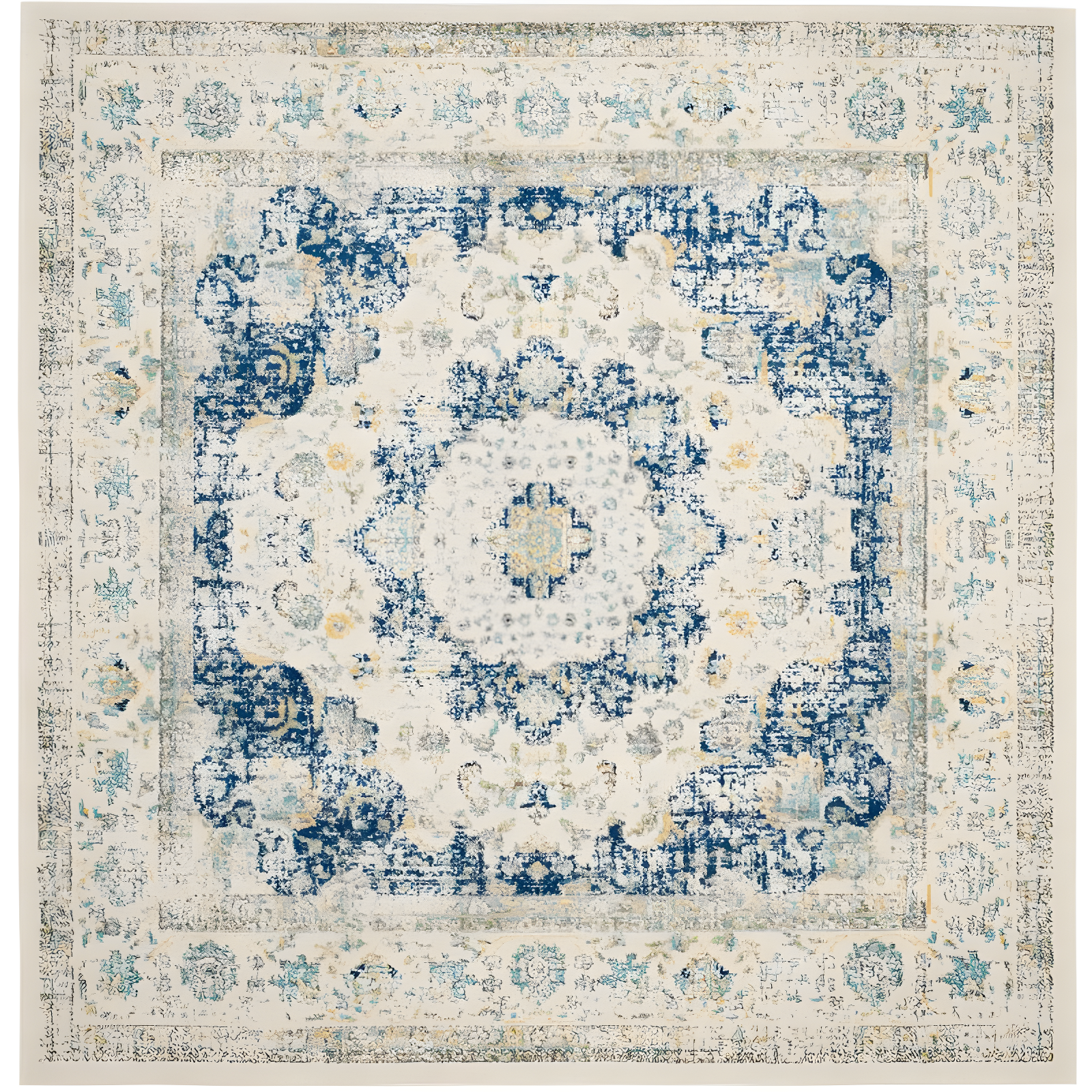 Ivory & Blue Floral Square Synthetic Easy-Care Area Rug - 5'1" x 5'1"