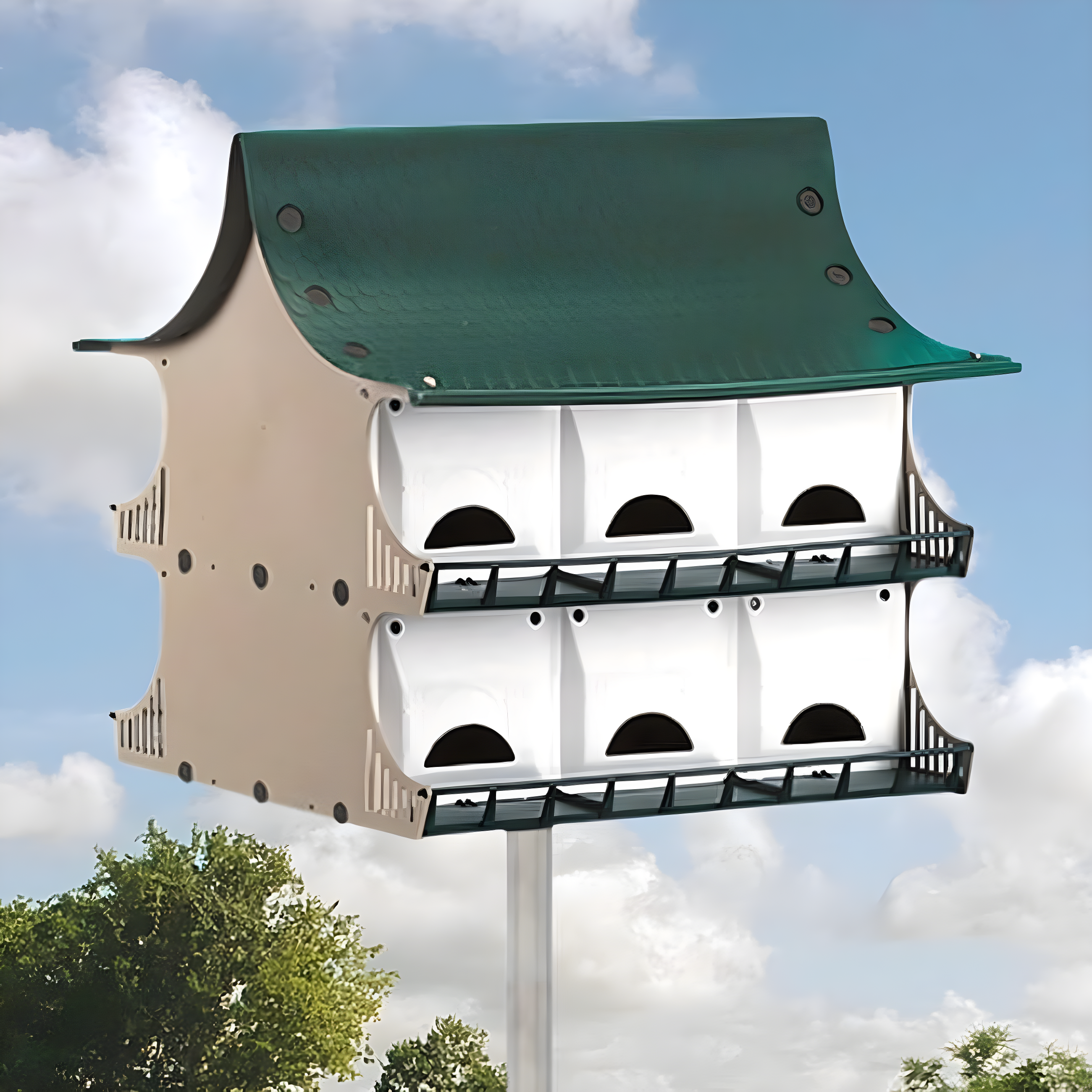 Green and Tan Plastic Two-Story Bird House with Twelve Rooms