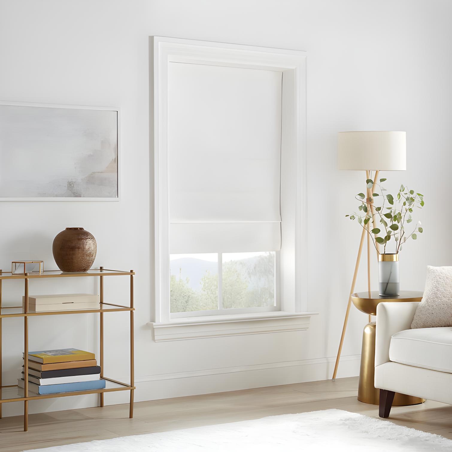 White Cordless Blackout Roman Shade with Linen Texture