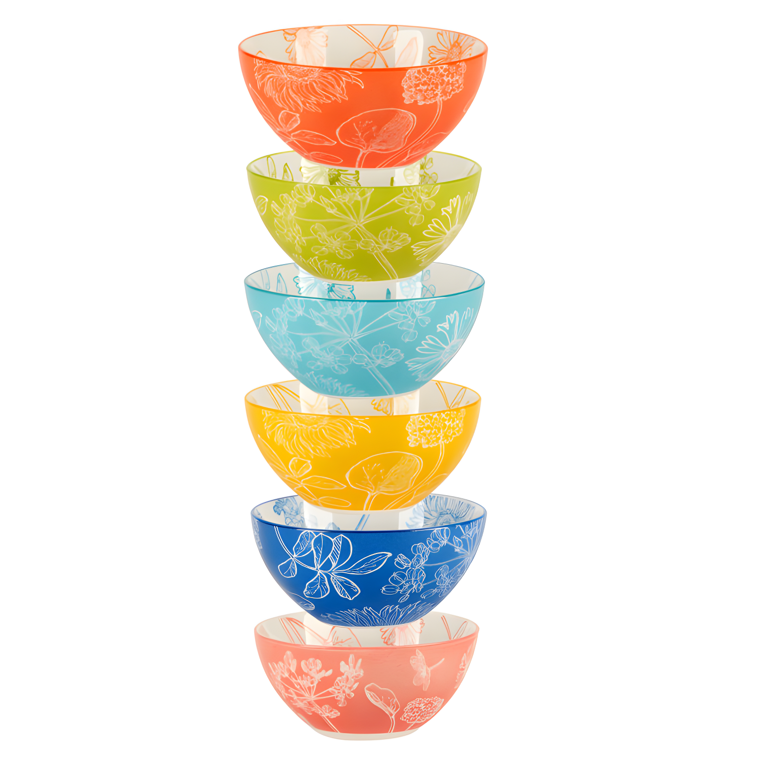 Botanical Multicolor Ceramic All-Purpose Bowls, Set of 6