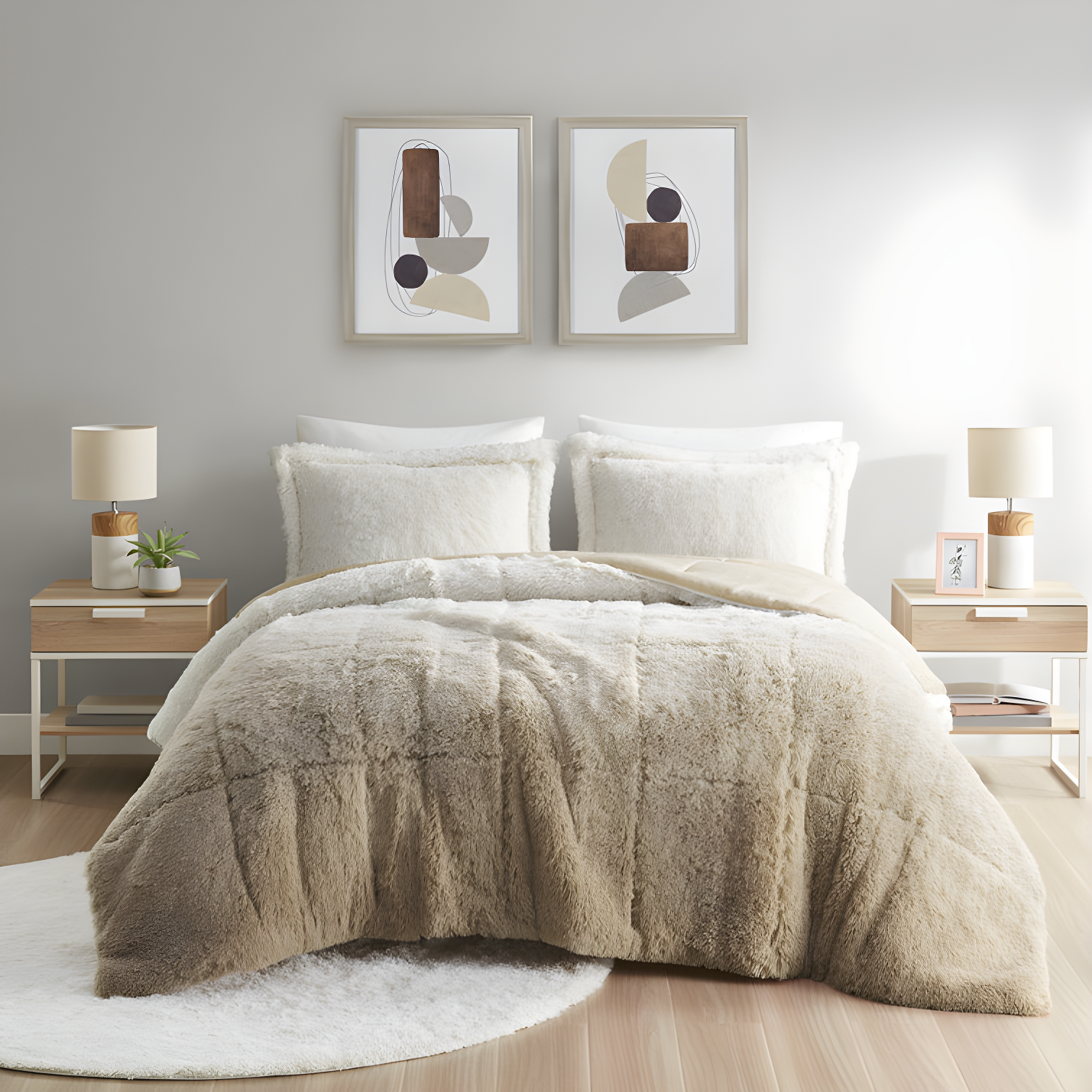 Natural Ombre Twin Shaggy Faux Fur Comforter Set