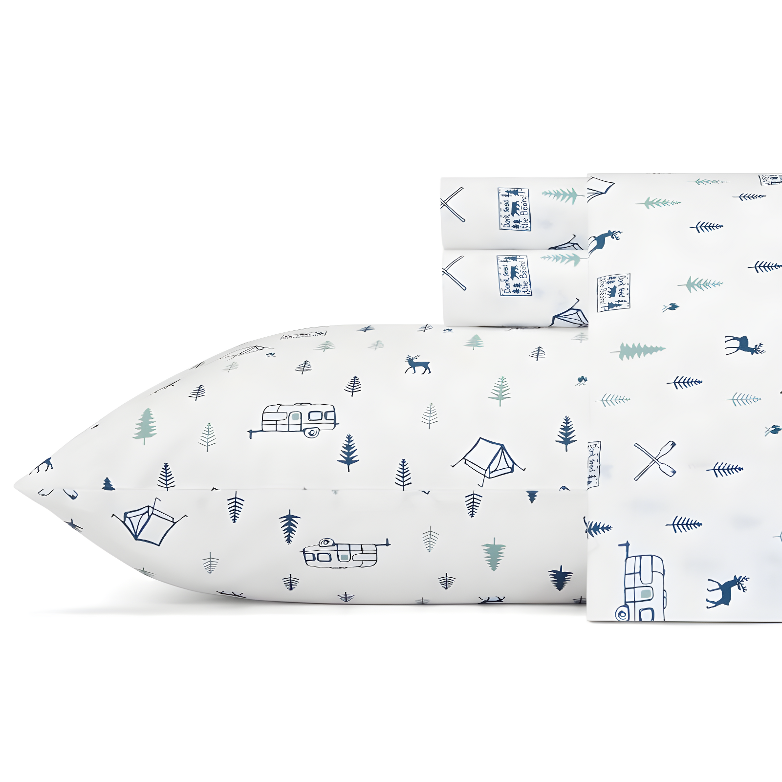 Full White and Blue Cotton Percale Campout Sheet Set