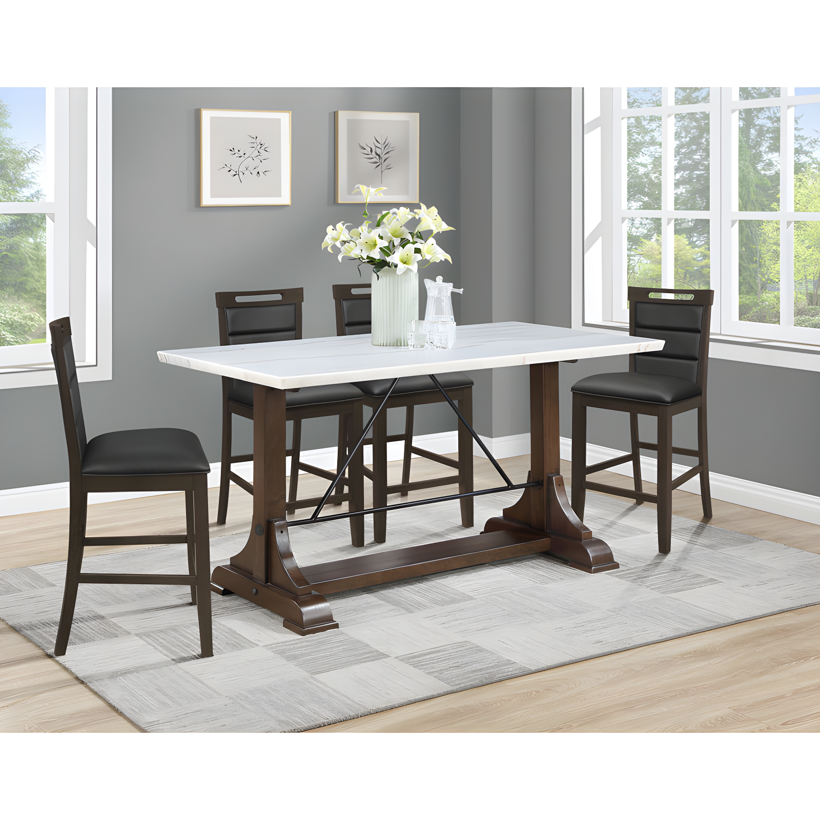 Aldrich 5-Piece White Marble and Dark Brown Counter Height Dining Set