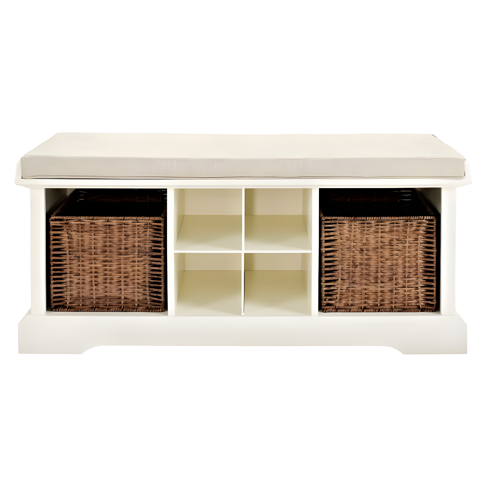 White Rustic Entryway Storage Bench with Wicker Baskets