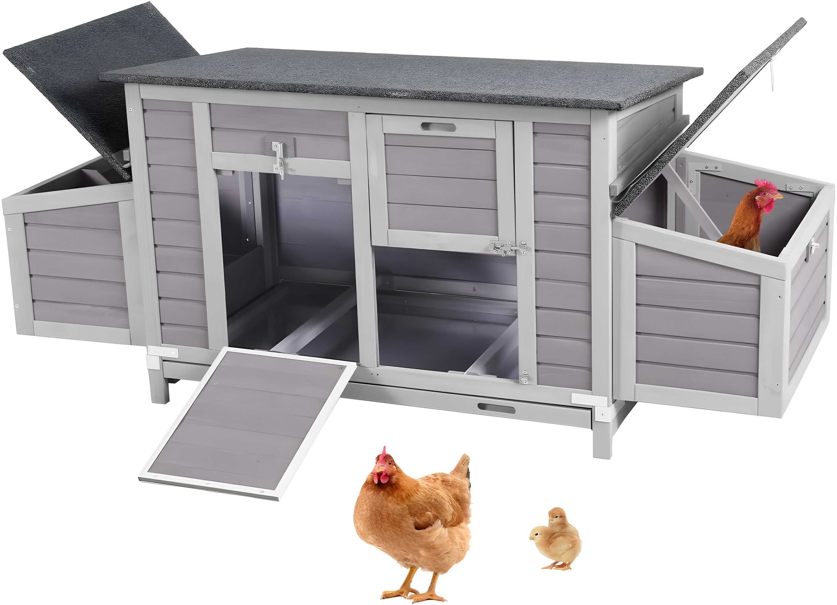 Gray Wooden Chicken Coop with Nesting Boxes and Wheels