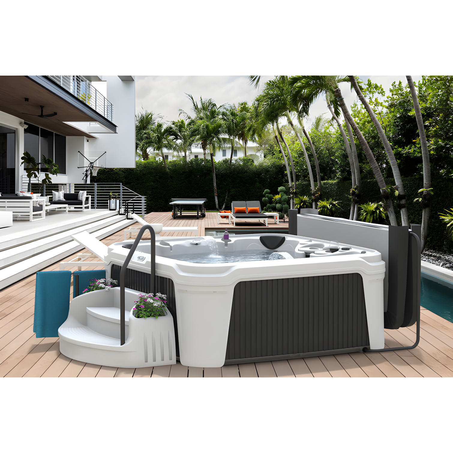 Whitestone and Black Onyx 7-Person 35-Jet Hot Tub with LED Waterfalls