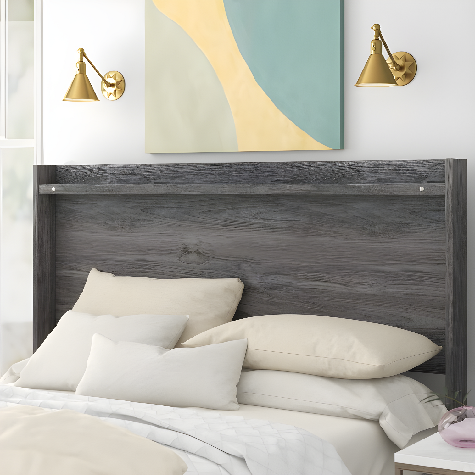 Gray Transitional Queen Wood Panel Bed with Storage