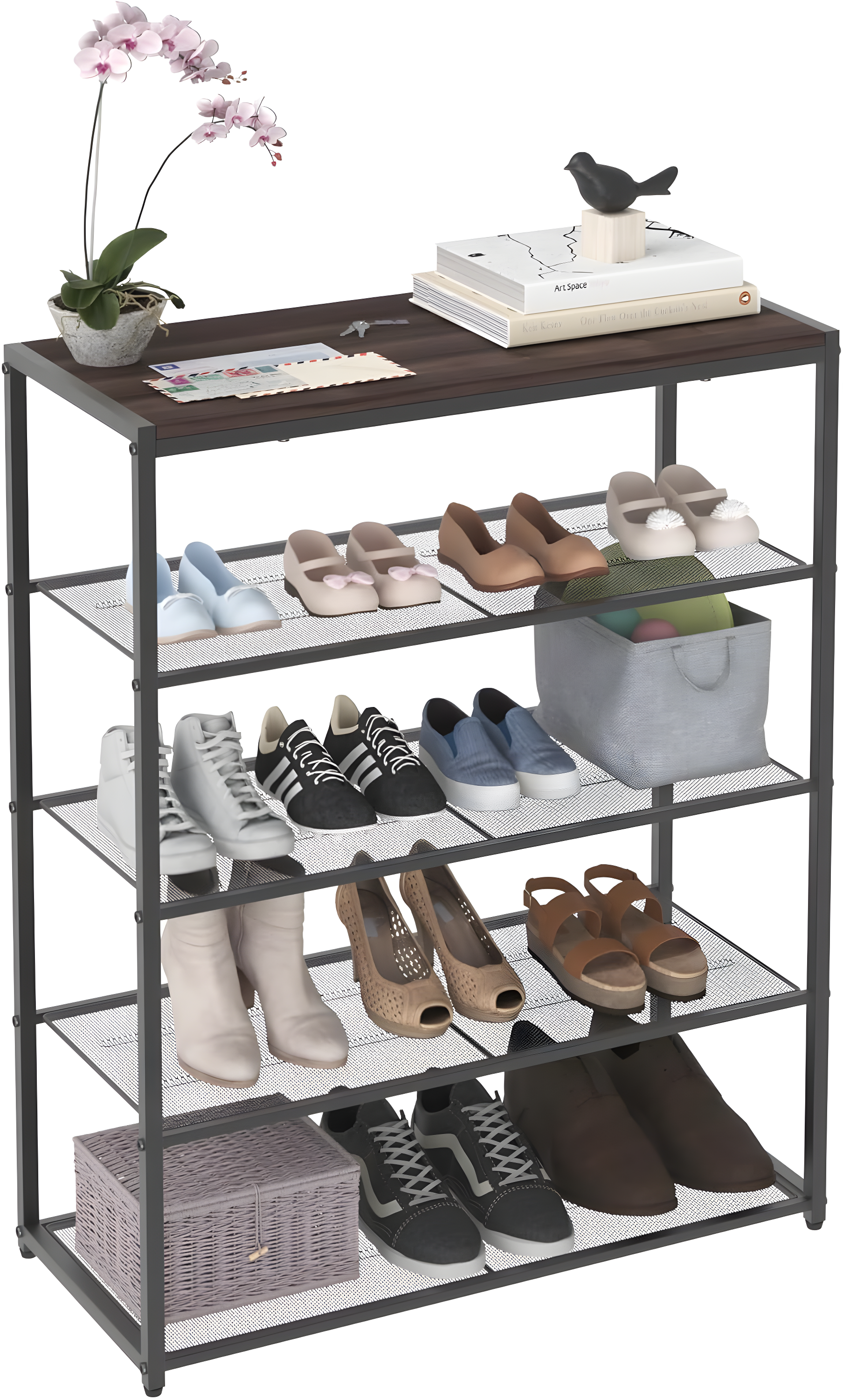 Walnut and Black 5-Tier Metal Shoe Rack with Wood Top