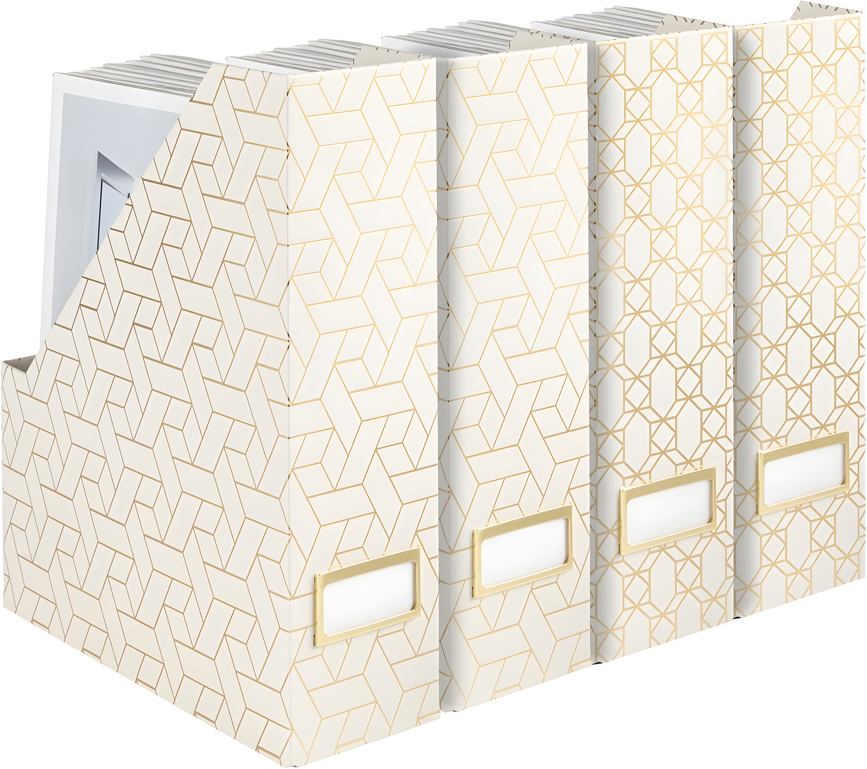 Set of 4 Cream and Gold Woven Cardboard Magazine Holders