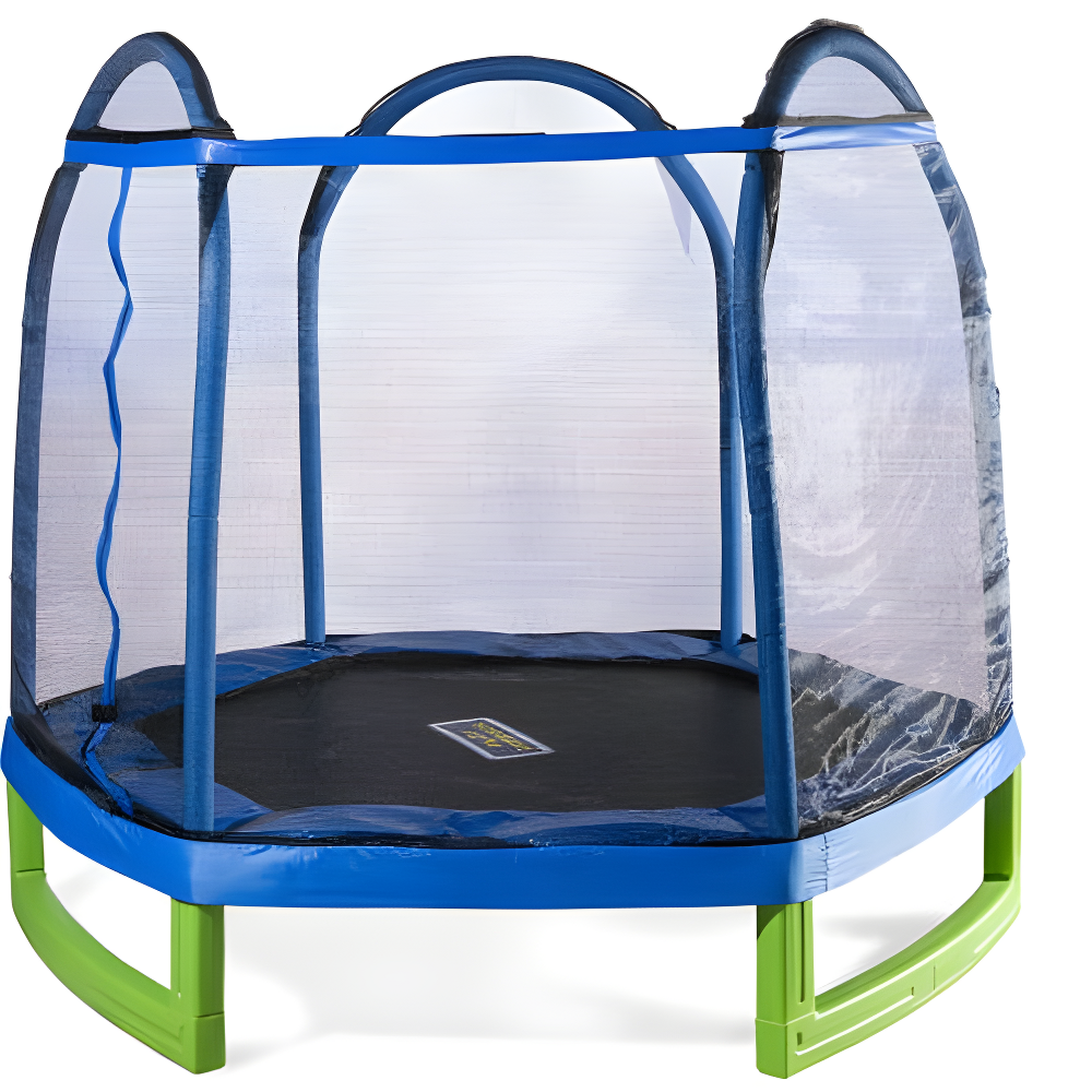 Blue and Green 7-Foot Kids Trampoline with Safety Enclosure