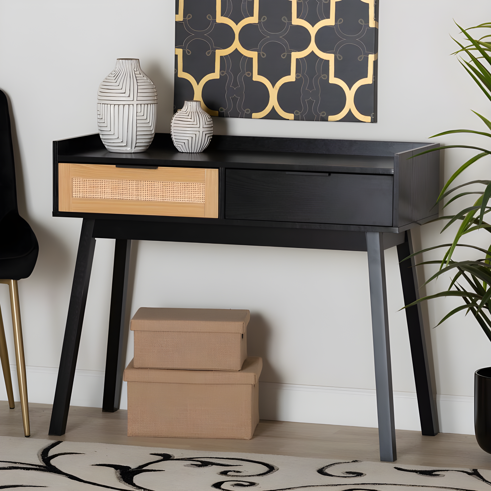 Espresso and Natural Brown Mid-Century Modern Console with Rattan Drawers