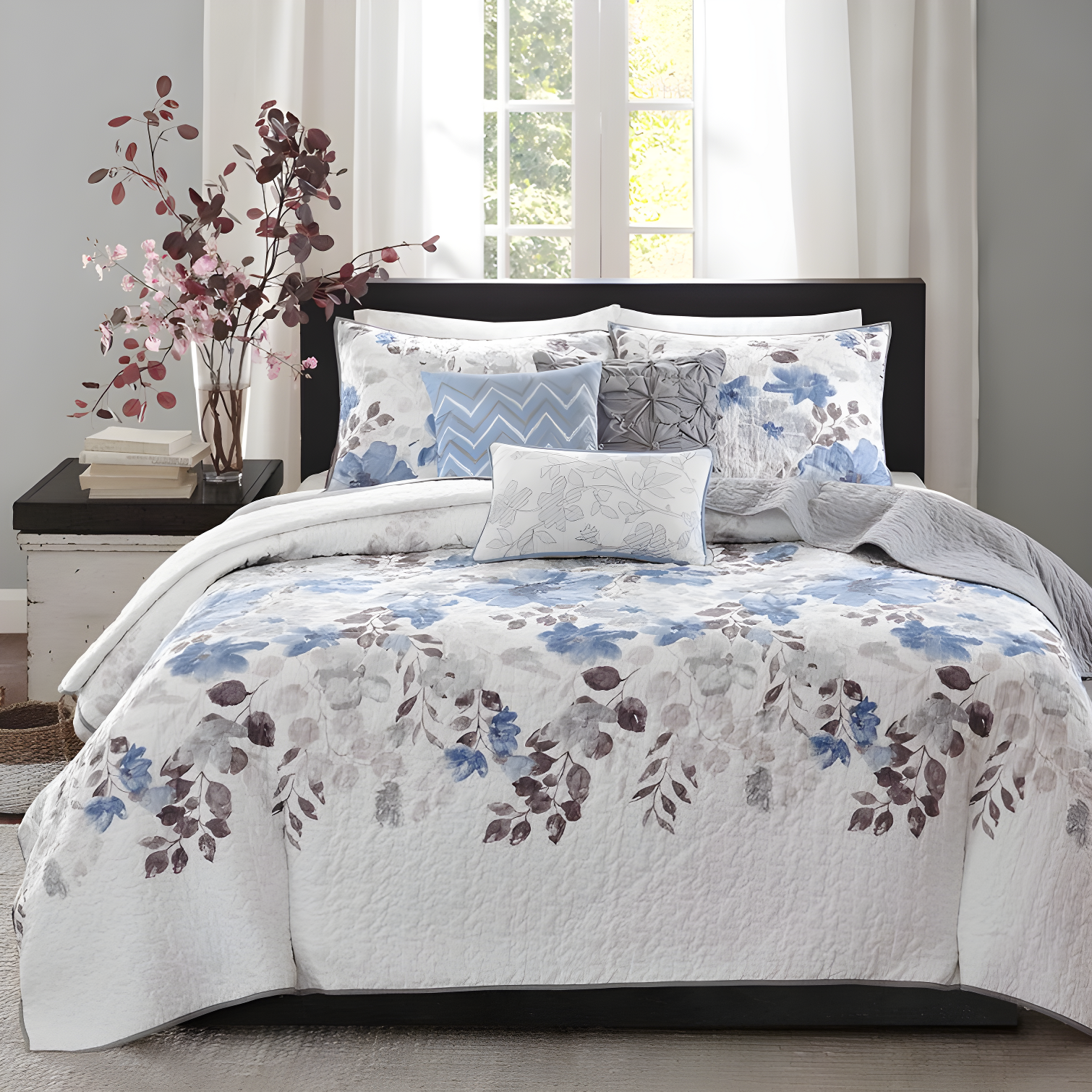 Blue Floral King Microfiber Reversible Quilt Set with Pillows