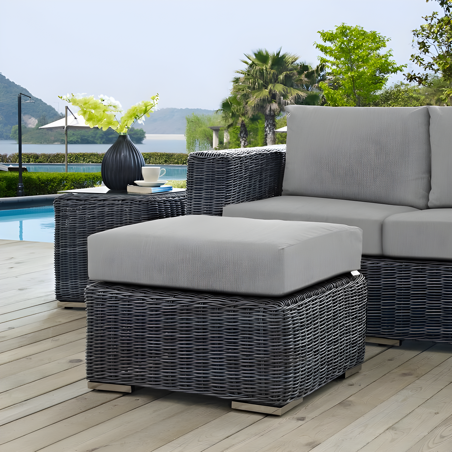 Gray Wicker Rattan Outdoor Patio Ottoman with Sunbrella Cushion