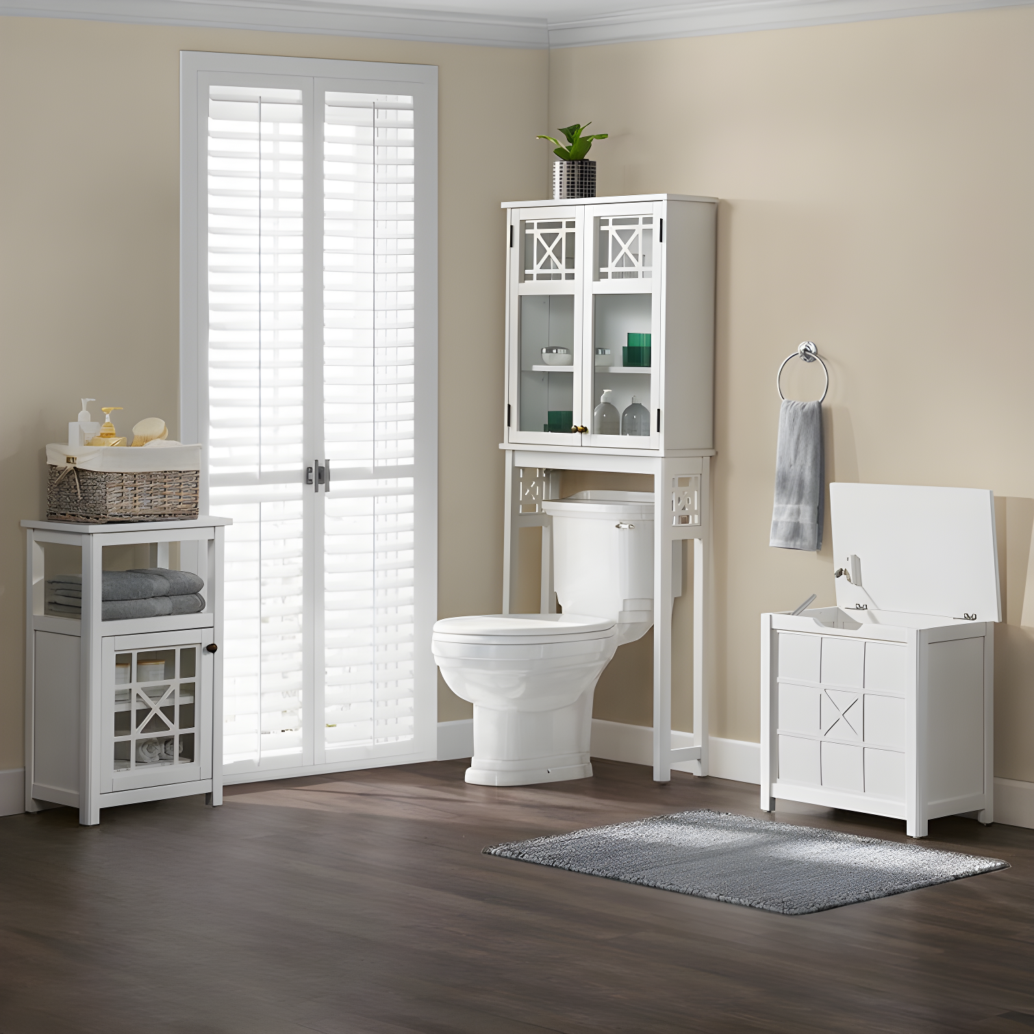 White Wood 4-Piece Bathroom Storage Set with Glass Doors