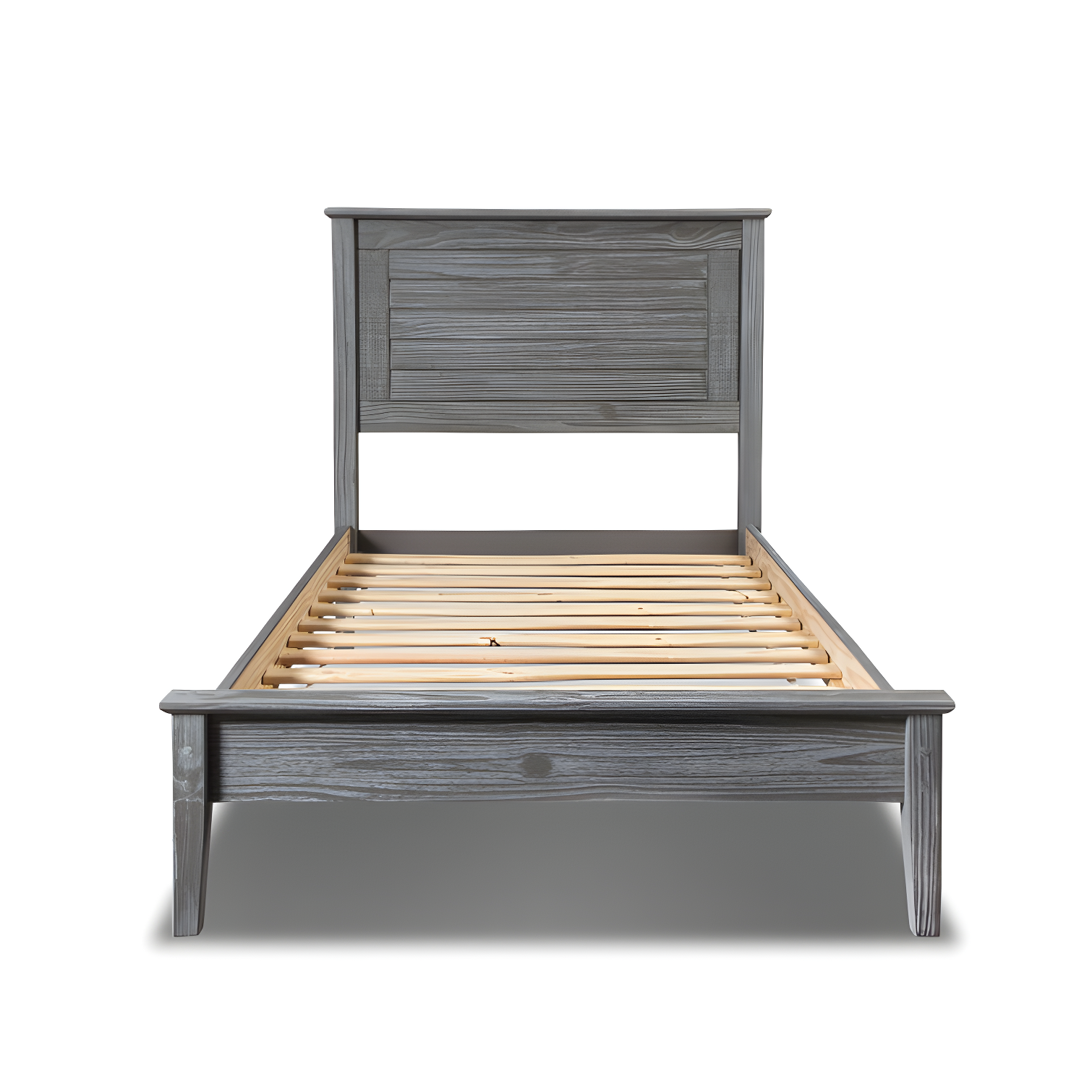 Brushed Grey Twin Pine Wood Platform Bed with Louvered Headboard