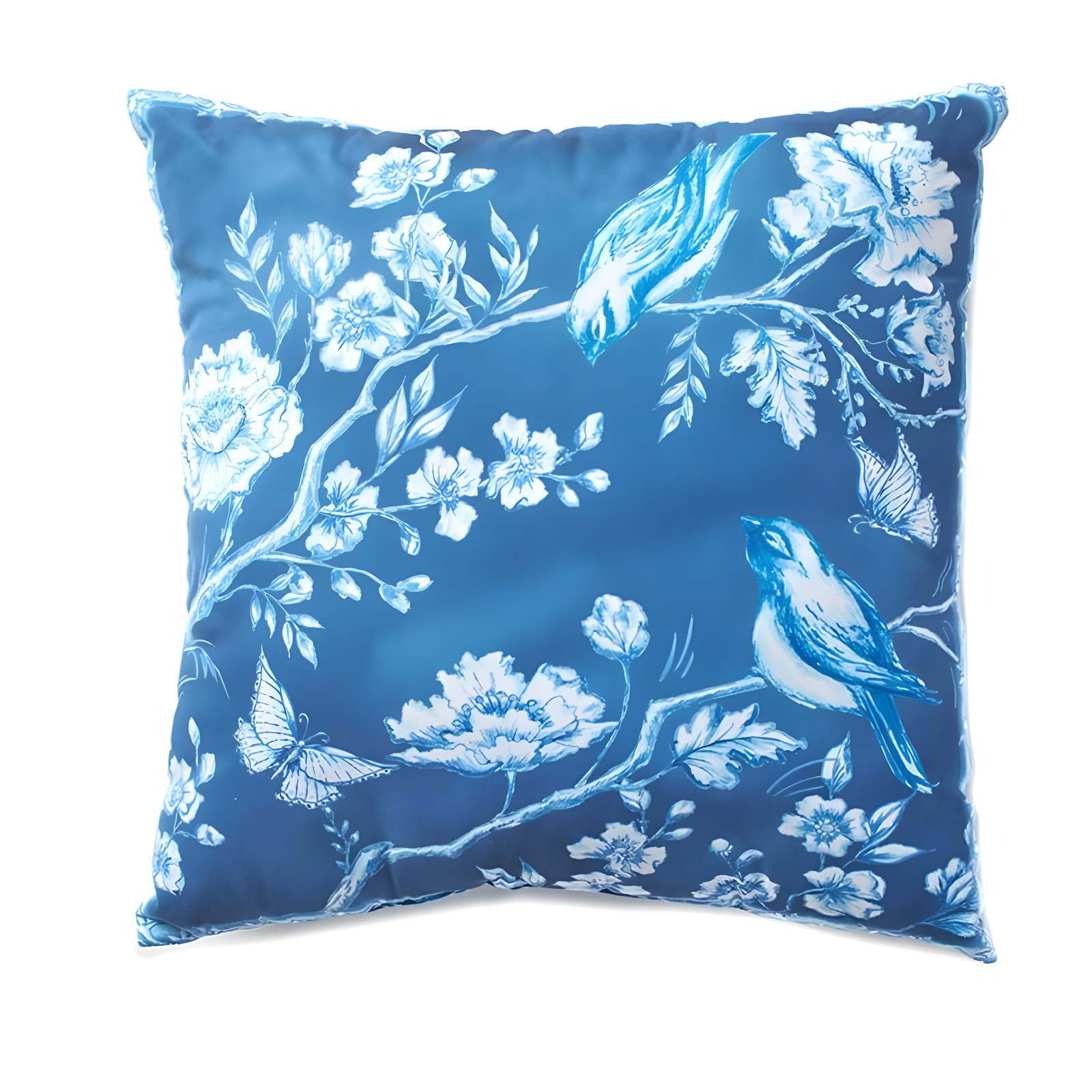 Blue and White Chinoiserie Floral Bird Outdoor Pillow