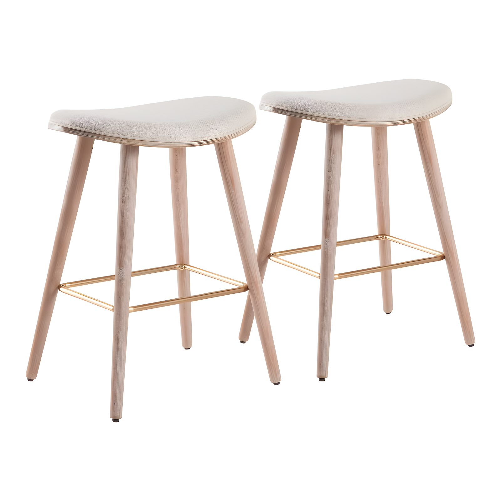 Contemporary White Washed Wood & Cream Saddle Counter Stool, Set of 2