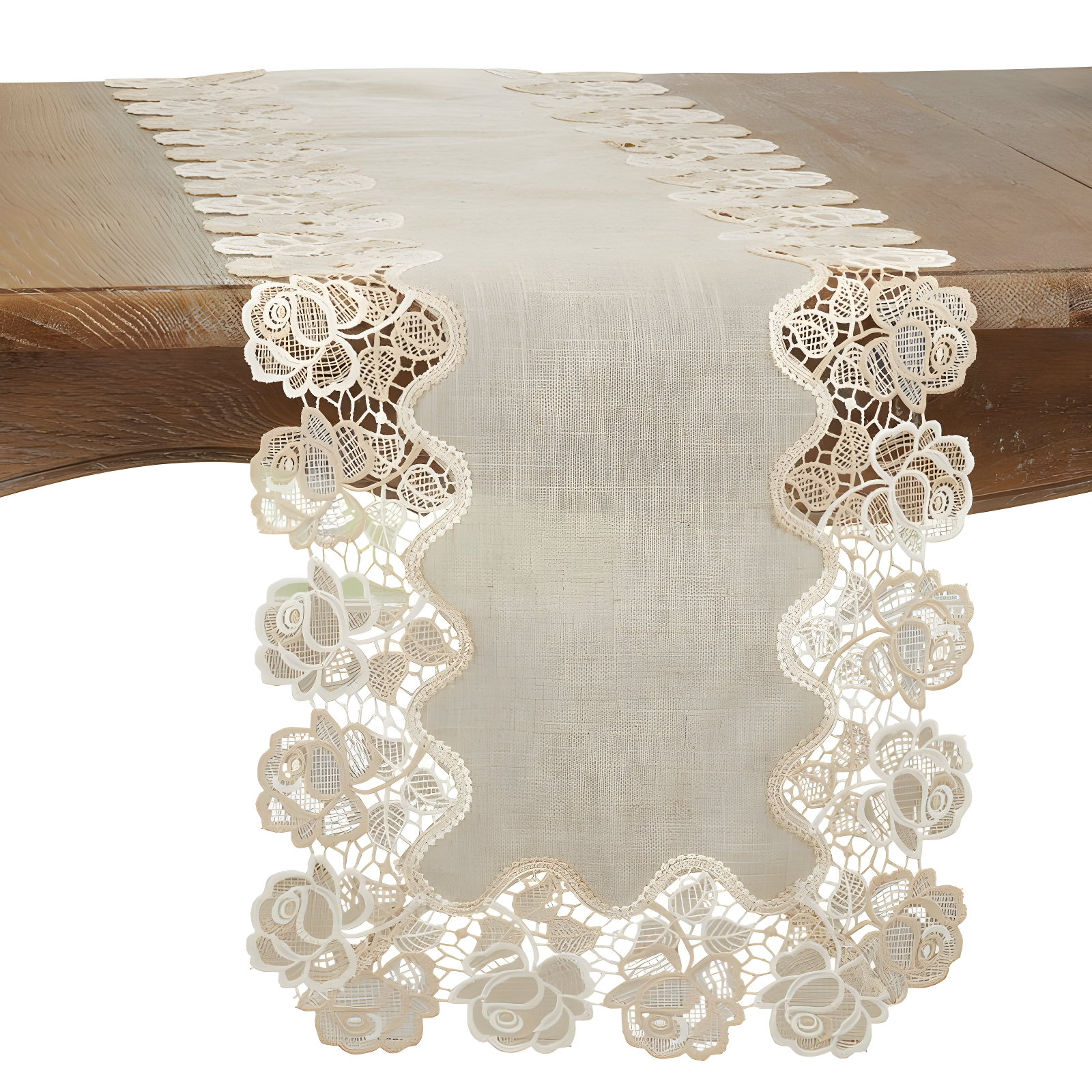 Beige Floral Lace Rose Border Table Runner