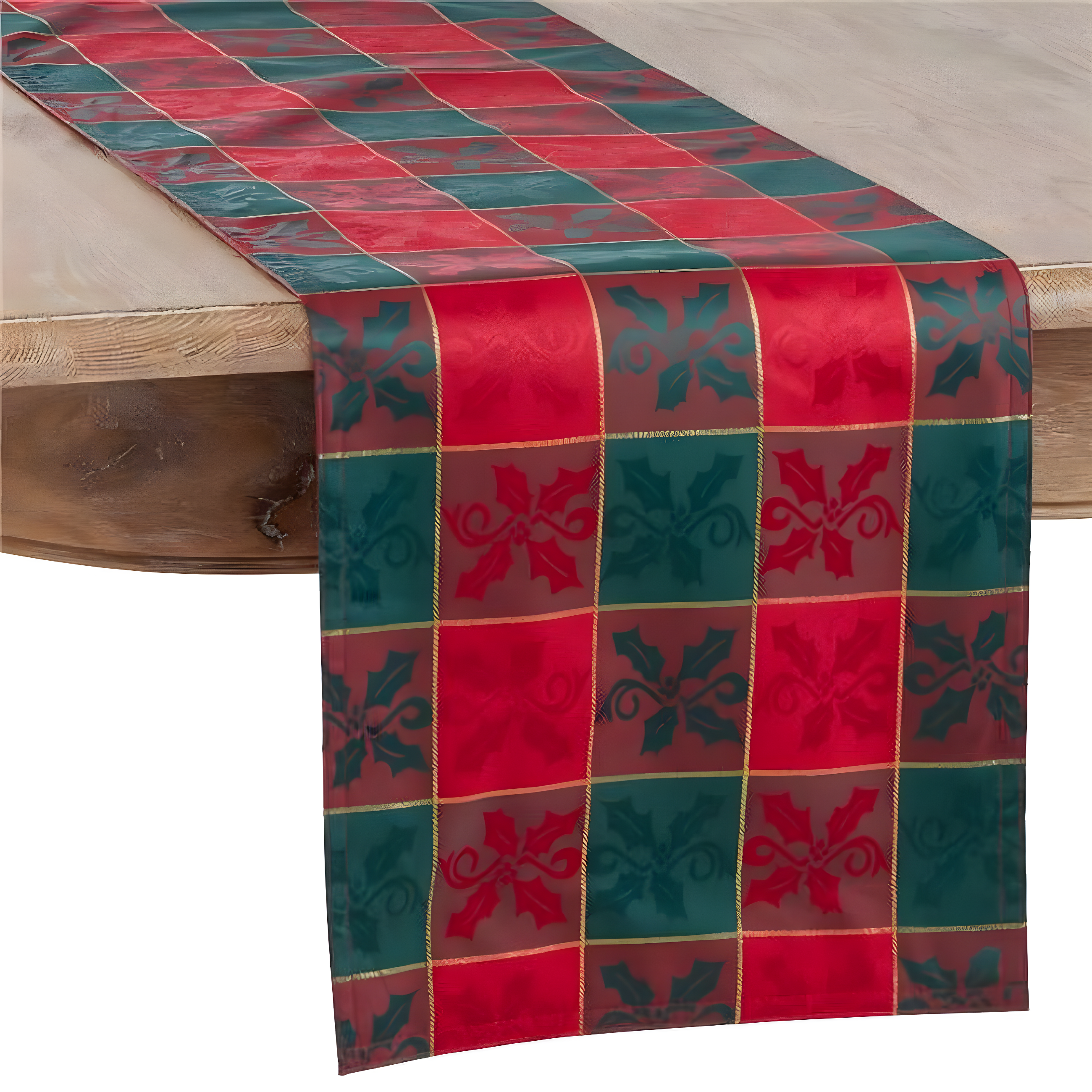 Red and Green Plaid Holiday Table Runner, 14" x 72", Polyester