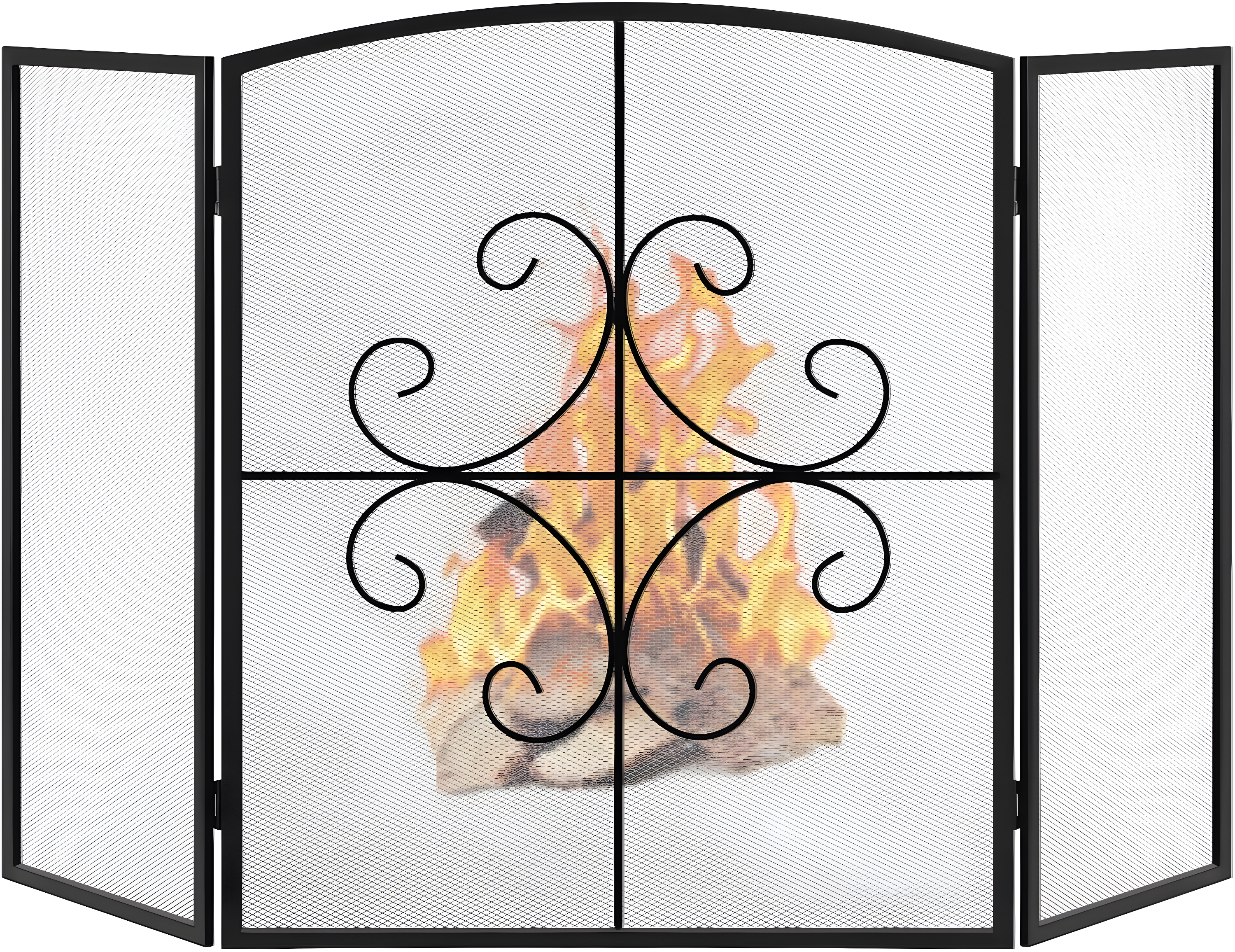 Black Wrought Iron Three-Panel Mesh Fireplace Screen