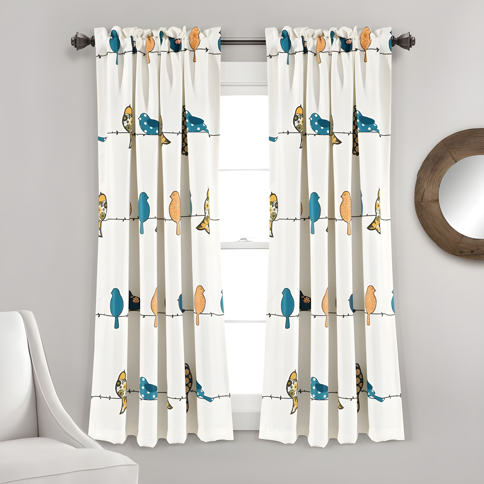 Rowley Birds Multicolor Polyester Blackout Window Curtain Panels