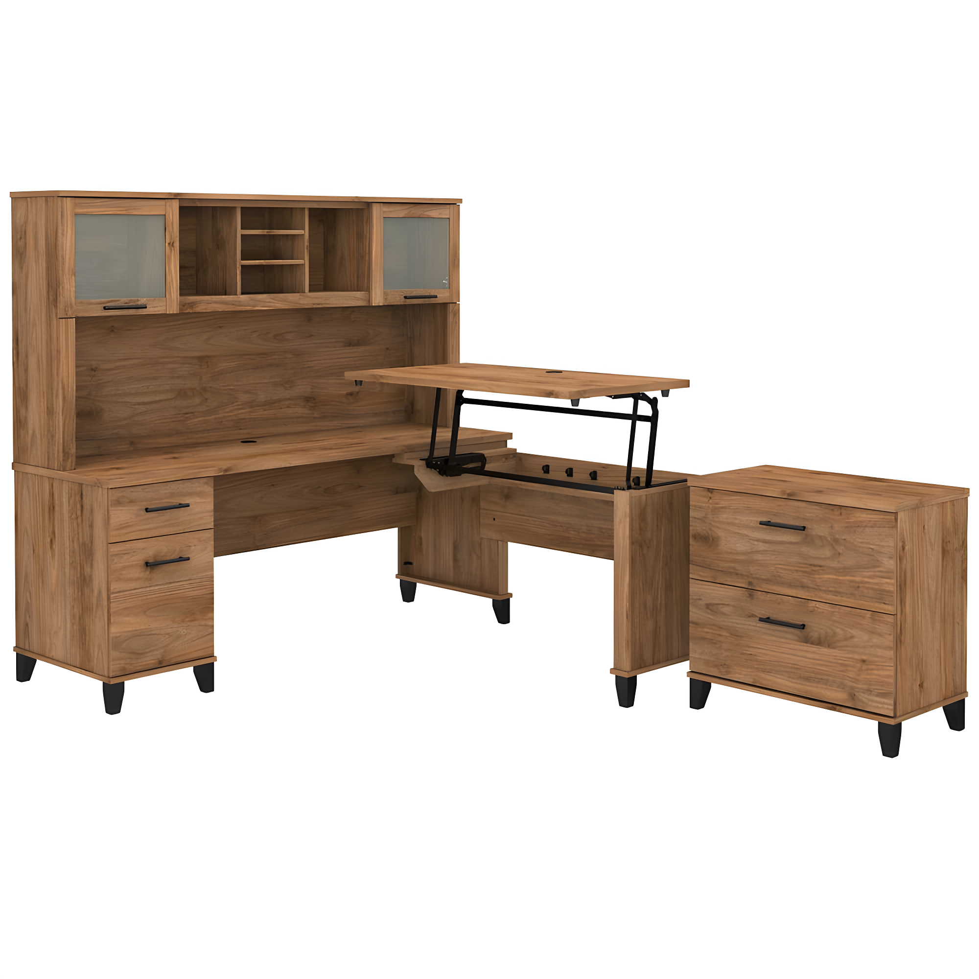 Fresh Walnut 72" L-Shaped Sit-Stand Desk with Hutch and File Cabinet