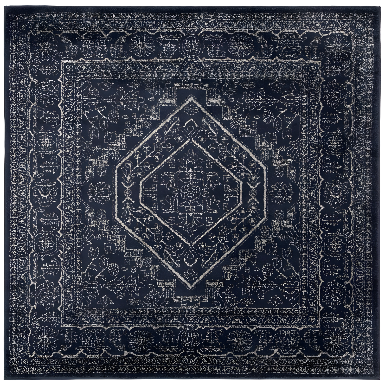 Navy and Ivory Medallion Hand-knotted Square Area Rug