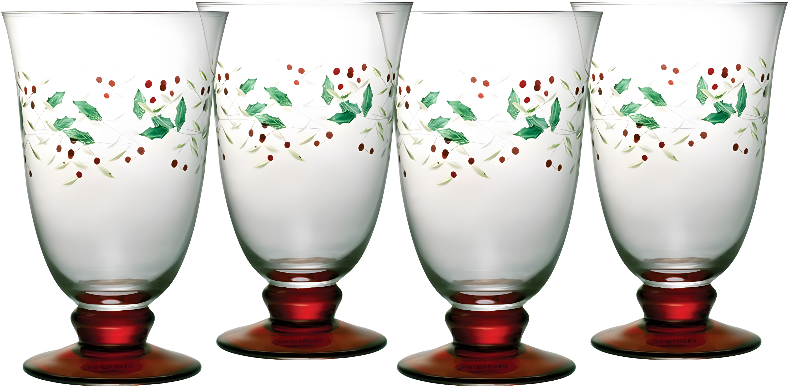 Winterberry Holiday Glass Goblets with Red Base, Set of 4