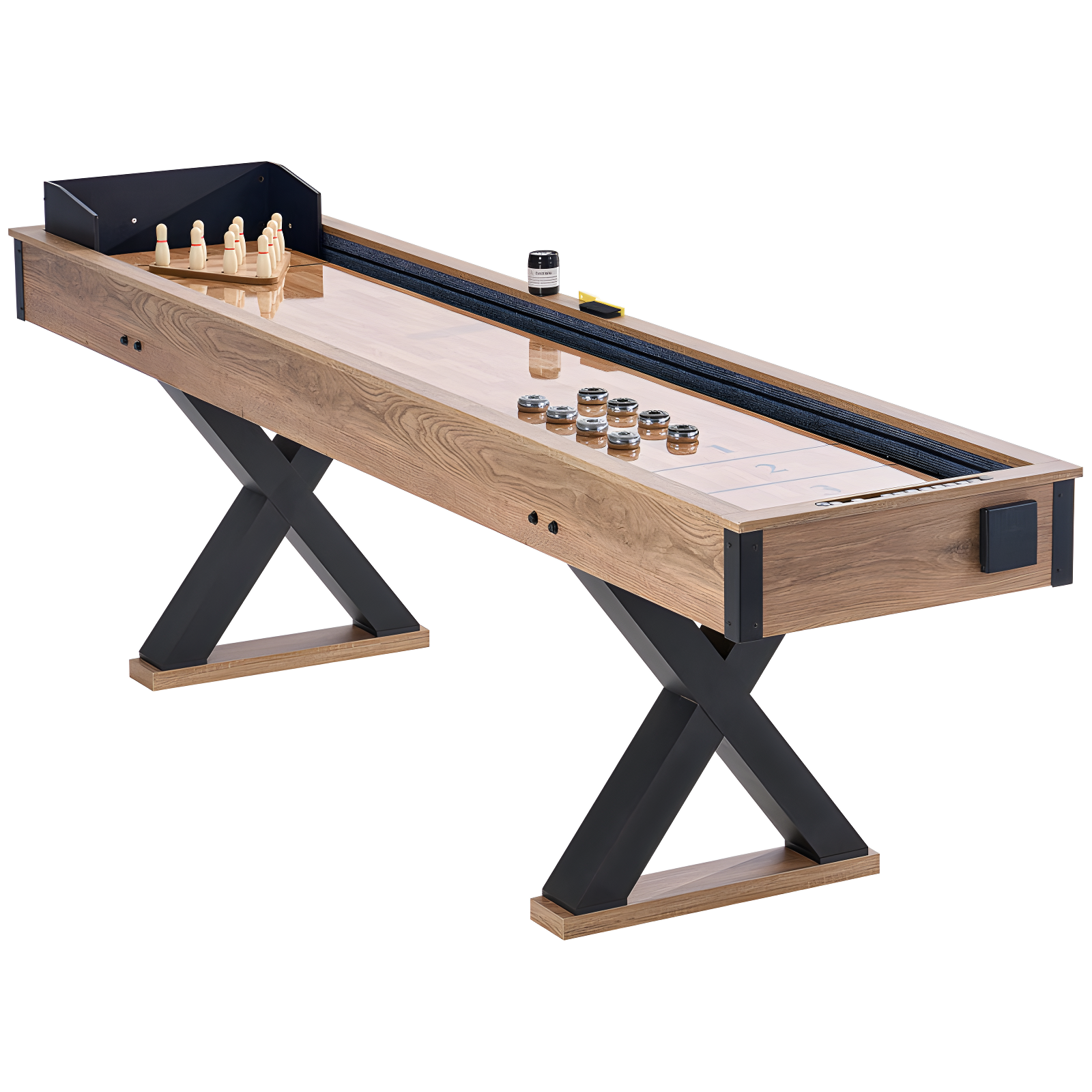 9 ft Oak and Black Metal 2-in-1 Shuffleboard and Bowling Table