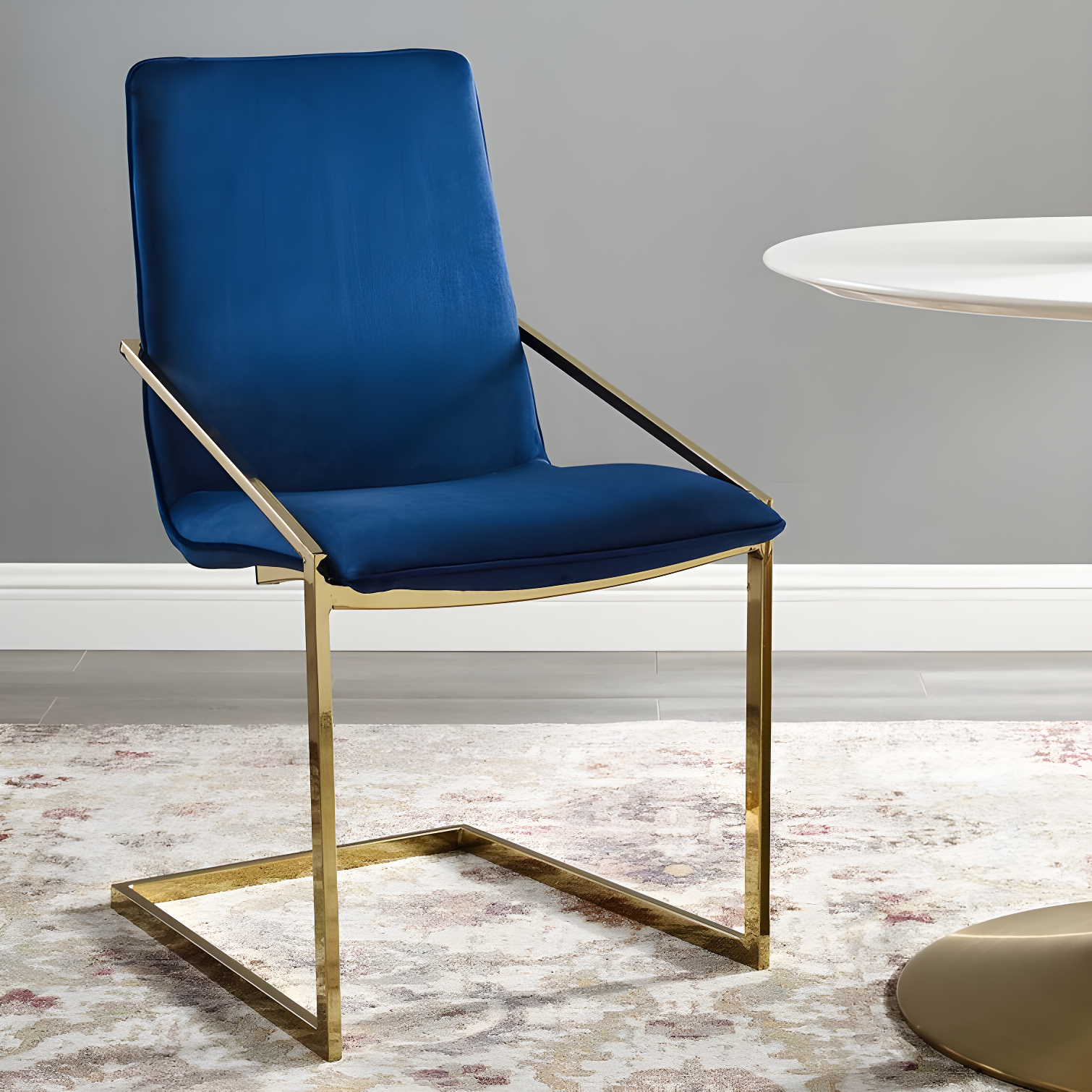 Elegant Gold Navy Velvet Upholstered Arm Chair with Geometric Metal Frame