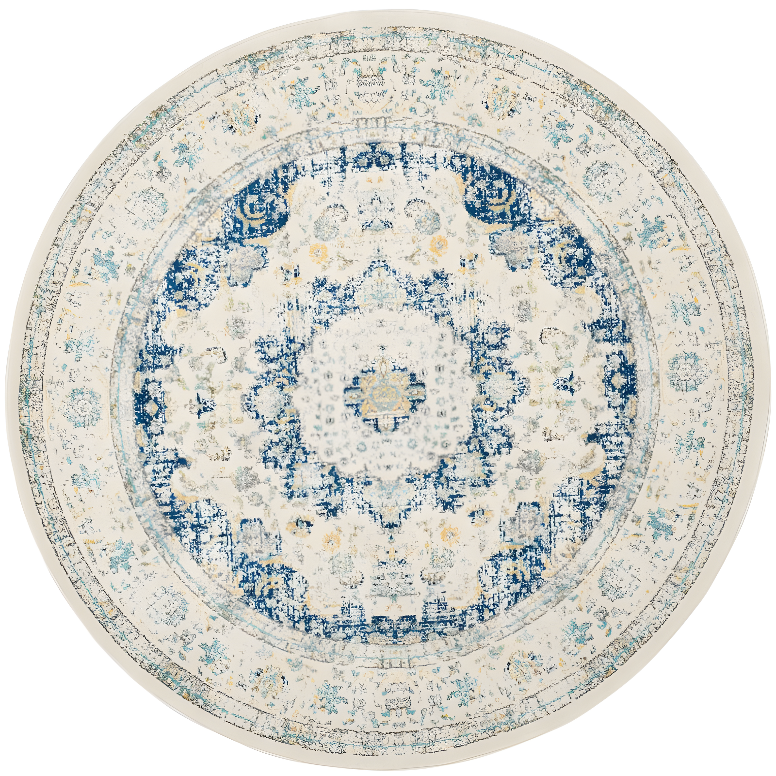 Ivory and Blue Round High Pile Synthetic Area Rug