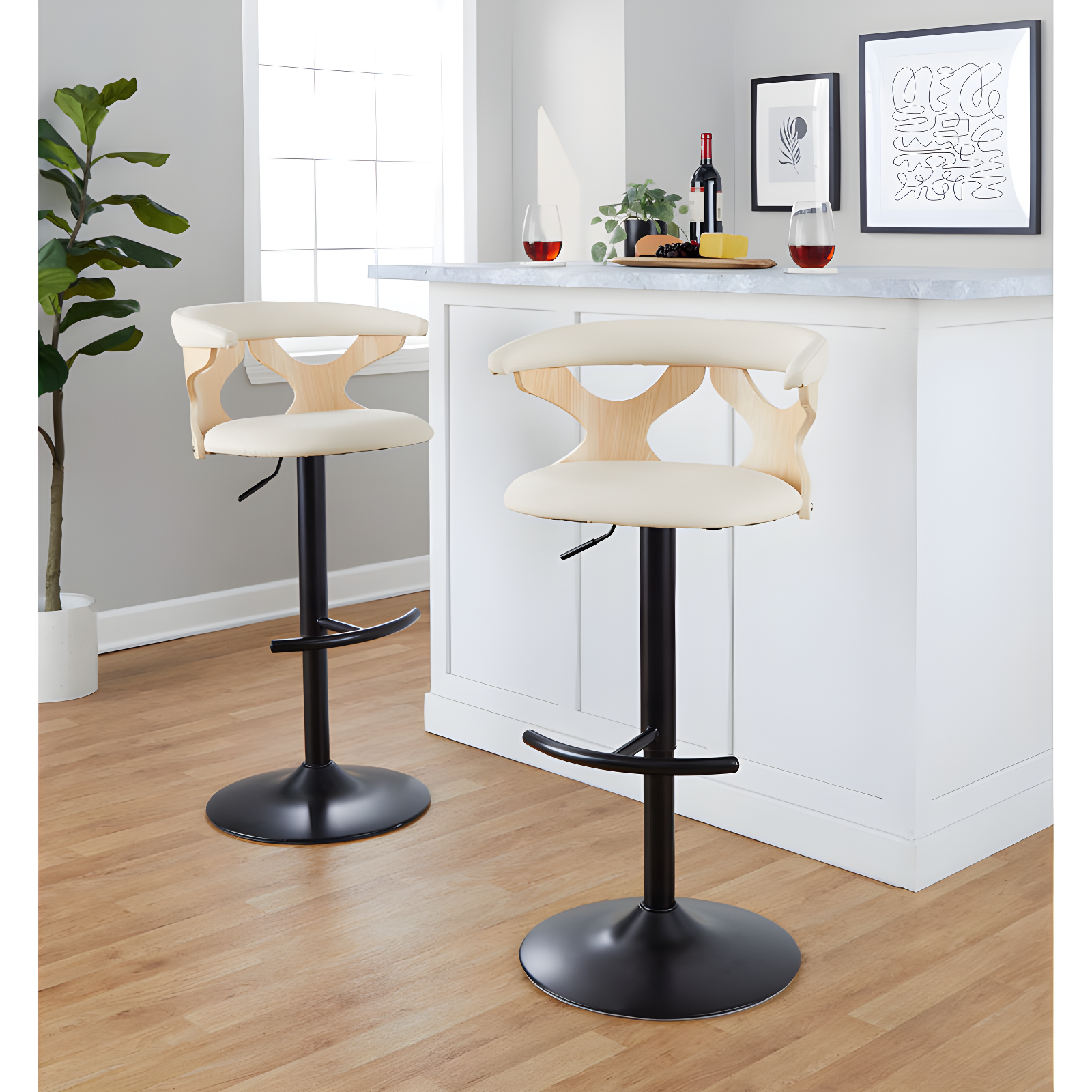 Cream and Natural Adjustable Swivel Barstool with Metal Frame