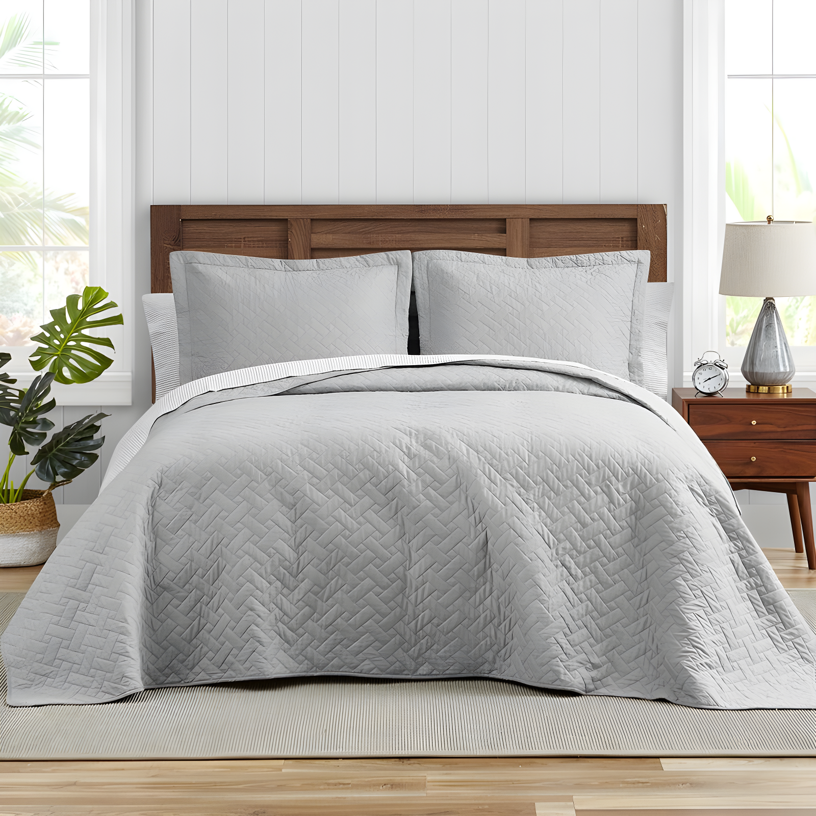 Full Gray Cotton Reversible Quilt Set