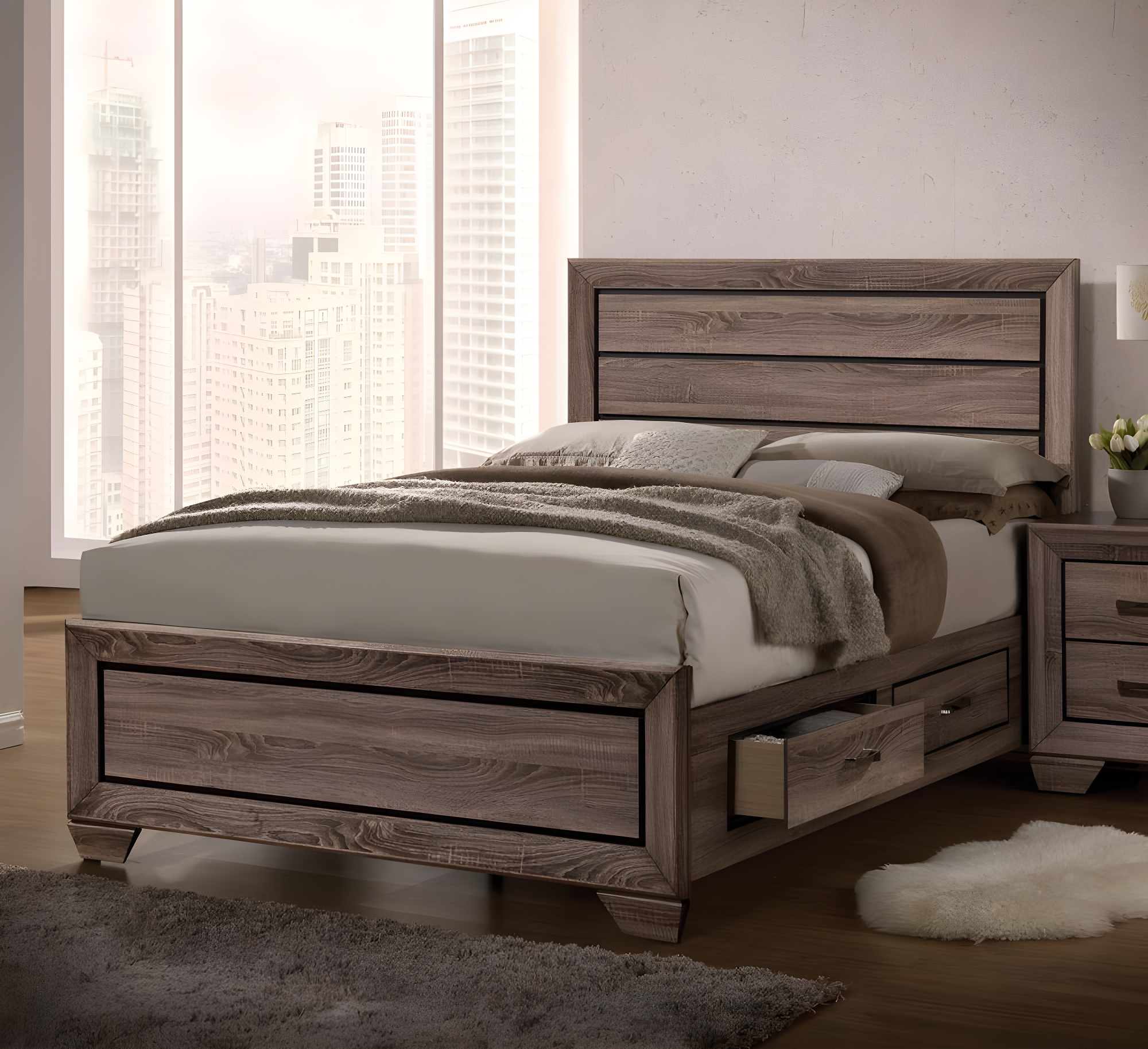 Brown Queen Wood Storage Bed with Upholstered Headboard