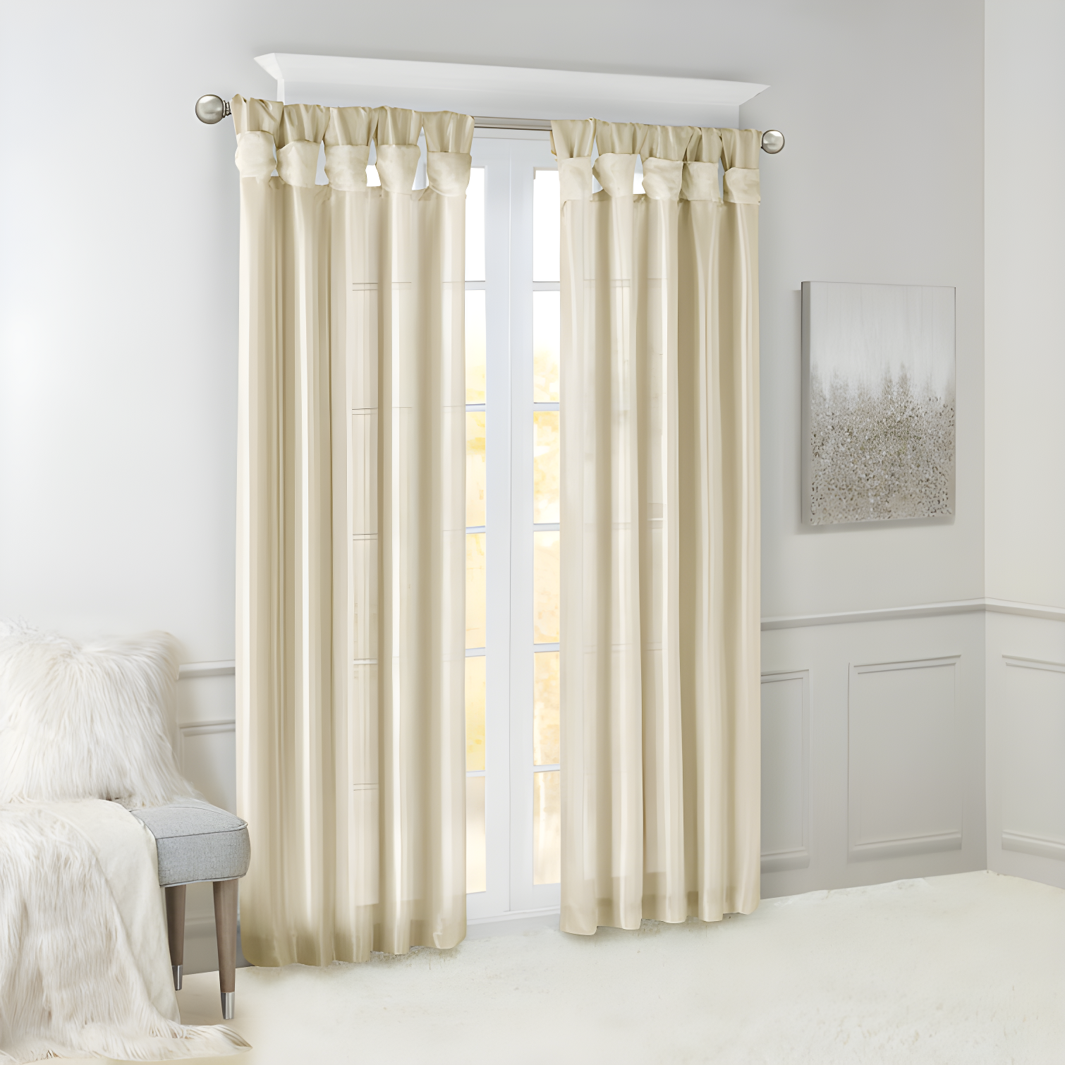 Ivory Faux Silk Room-Darkening Tab Top Curtain Panel