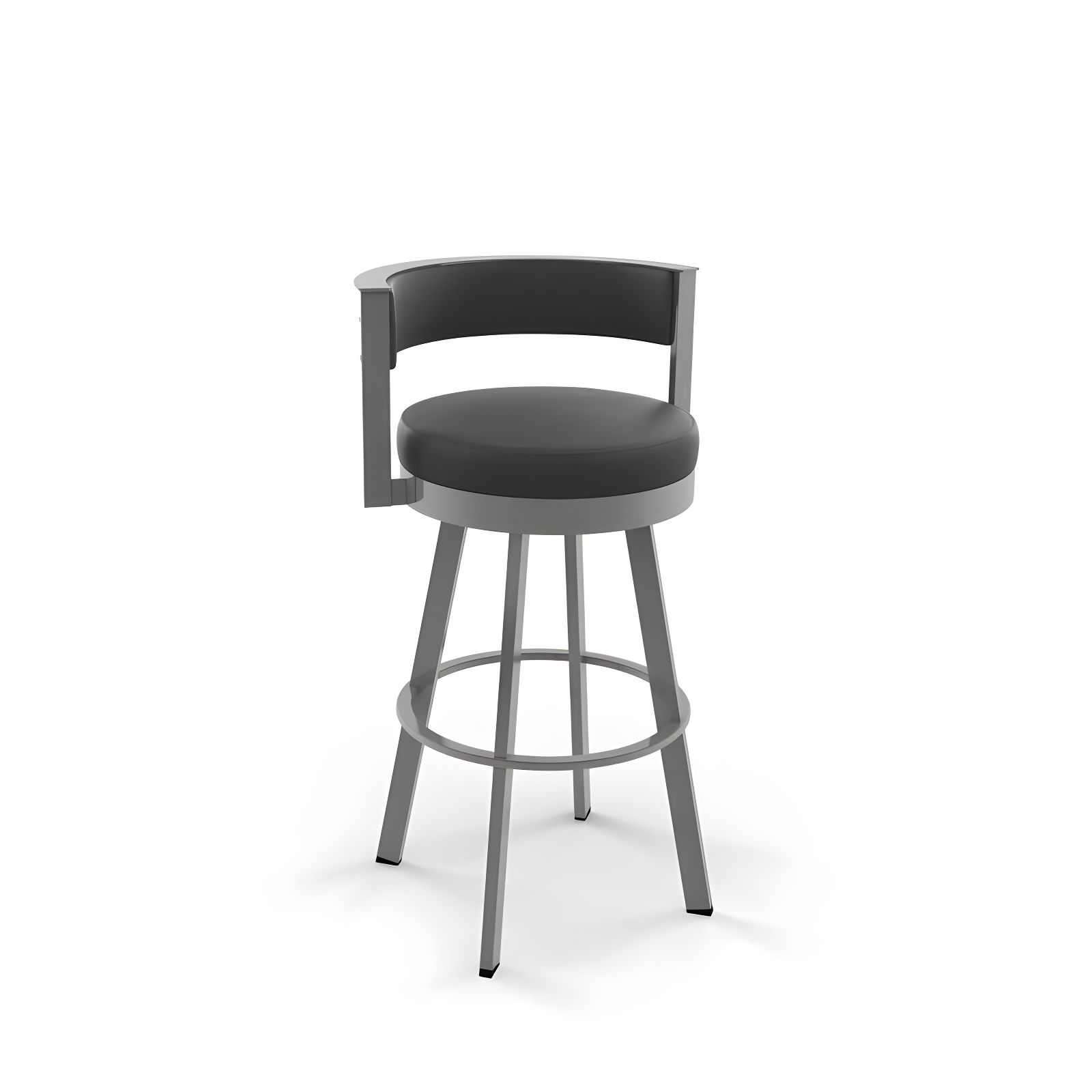 Modern Swivel Counter Stool in Black Faux Leather and Metallic Grey Metal