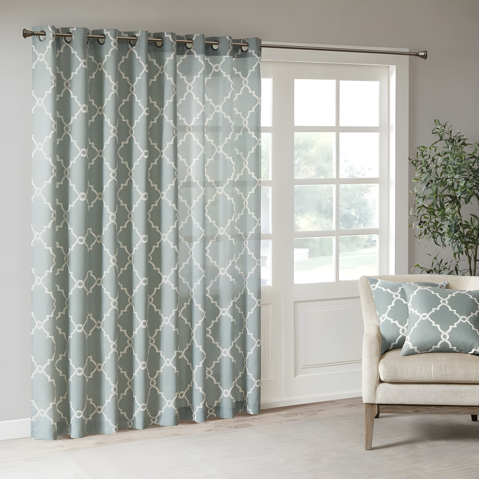 Seafoam and White Grommet Top Light-Filtering Curtain Panel