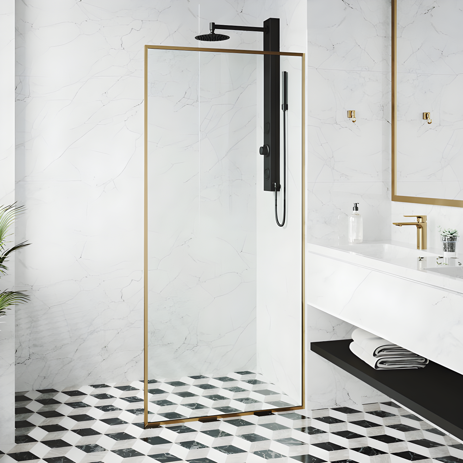 Matte Gold and Clear Glass Fixed Shower Screen