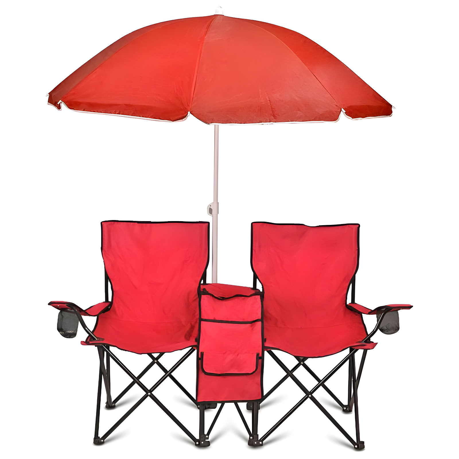 Red Double Folding Camping Chair with Umbrella and Cooler Bag