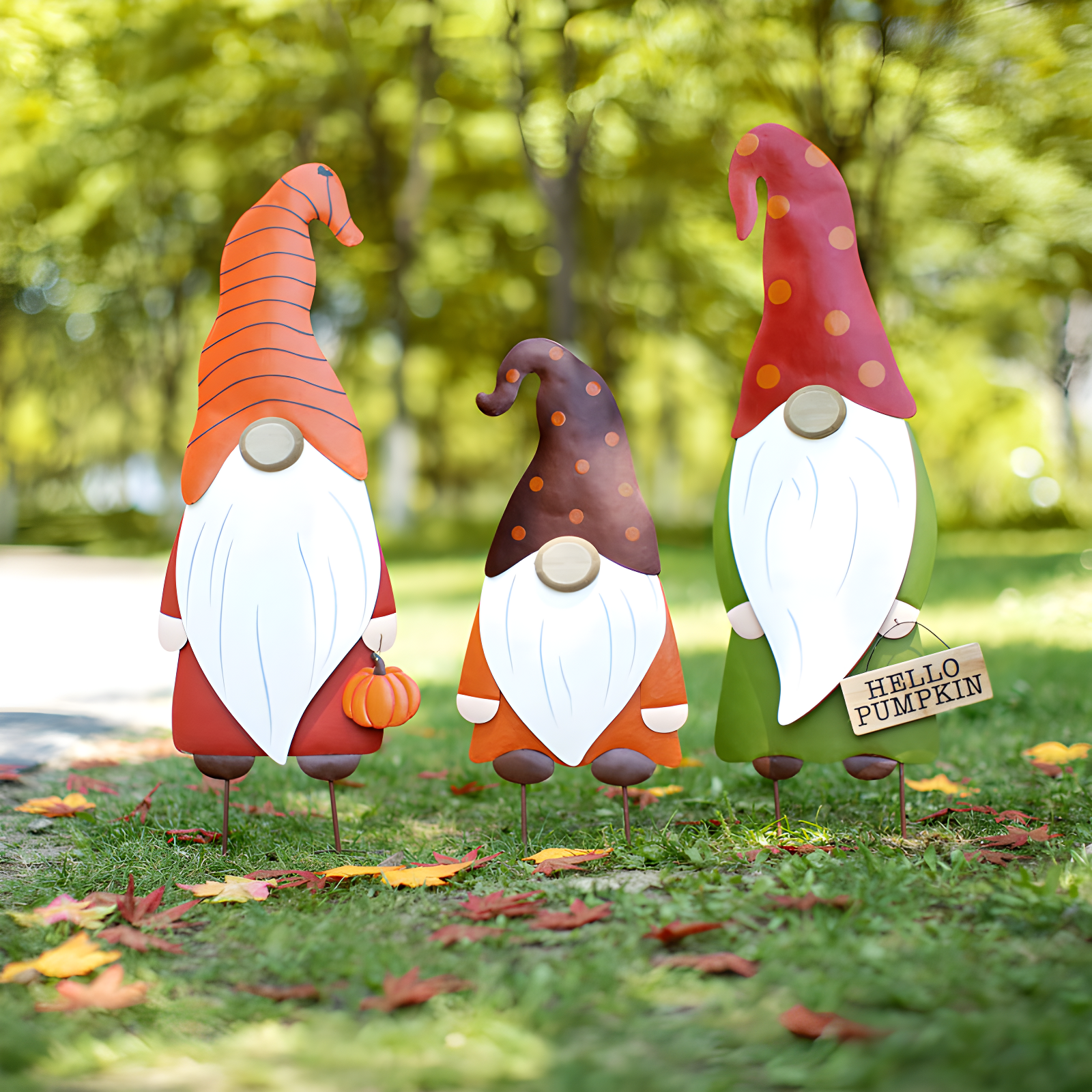 Colorful Iron Gnome Family Fall Garden Stakes