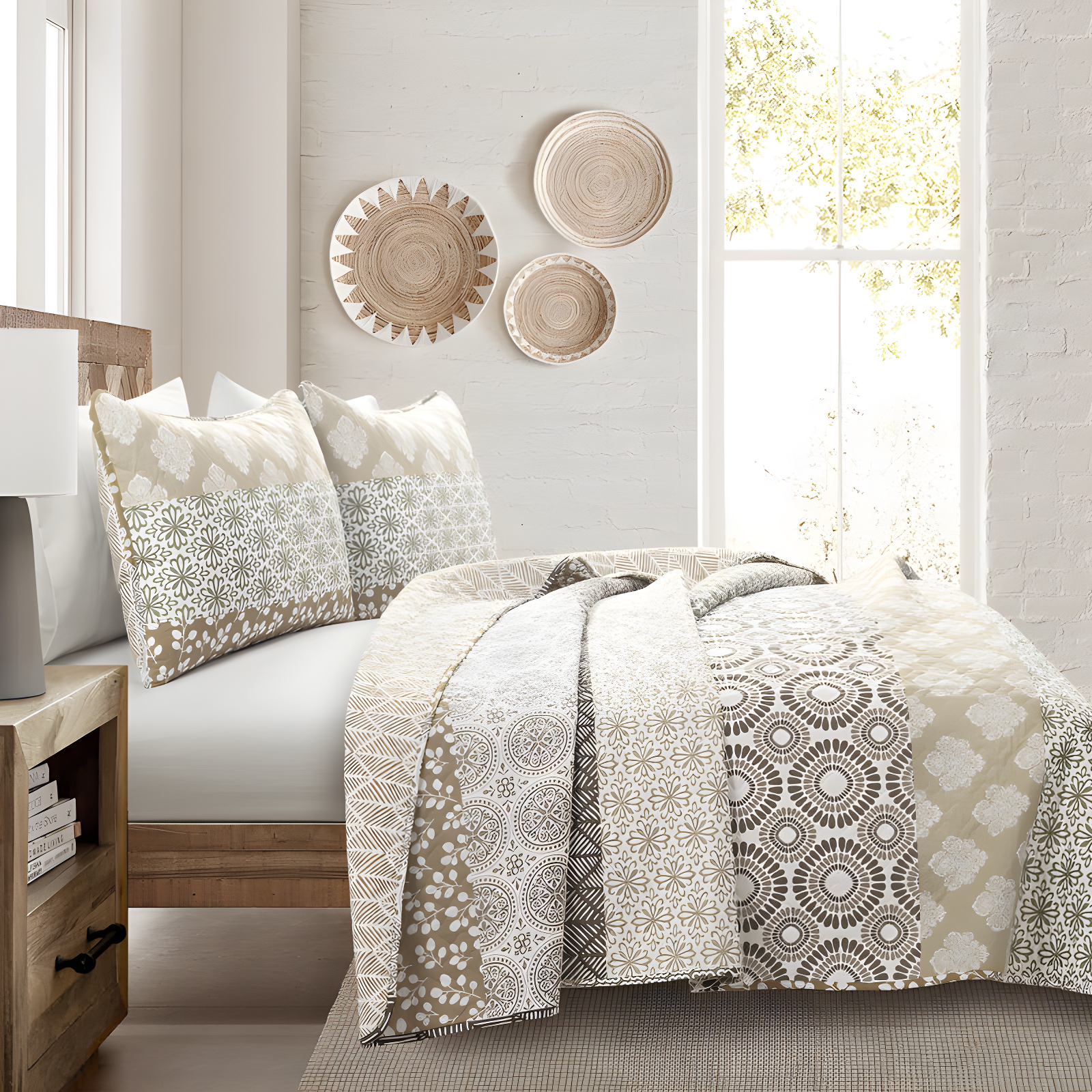 King Neutral Cotton Reversible Bohemian Quilt Set