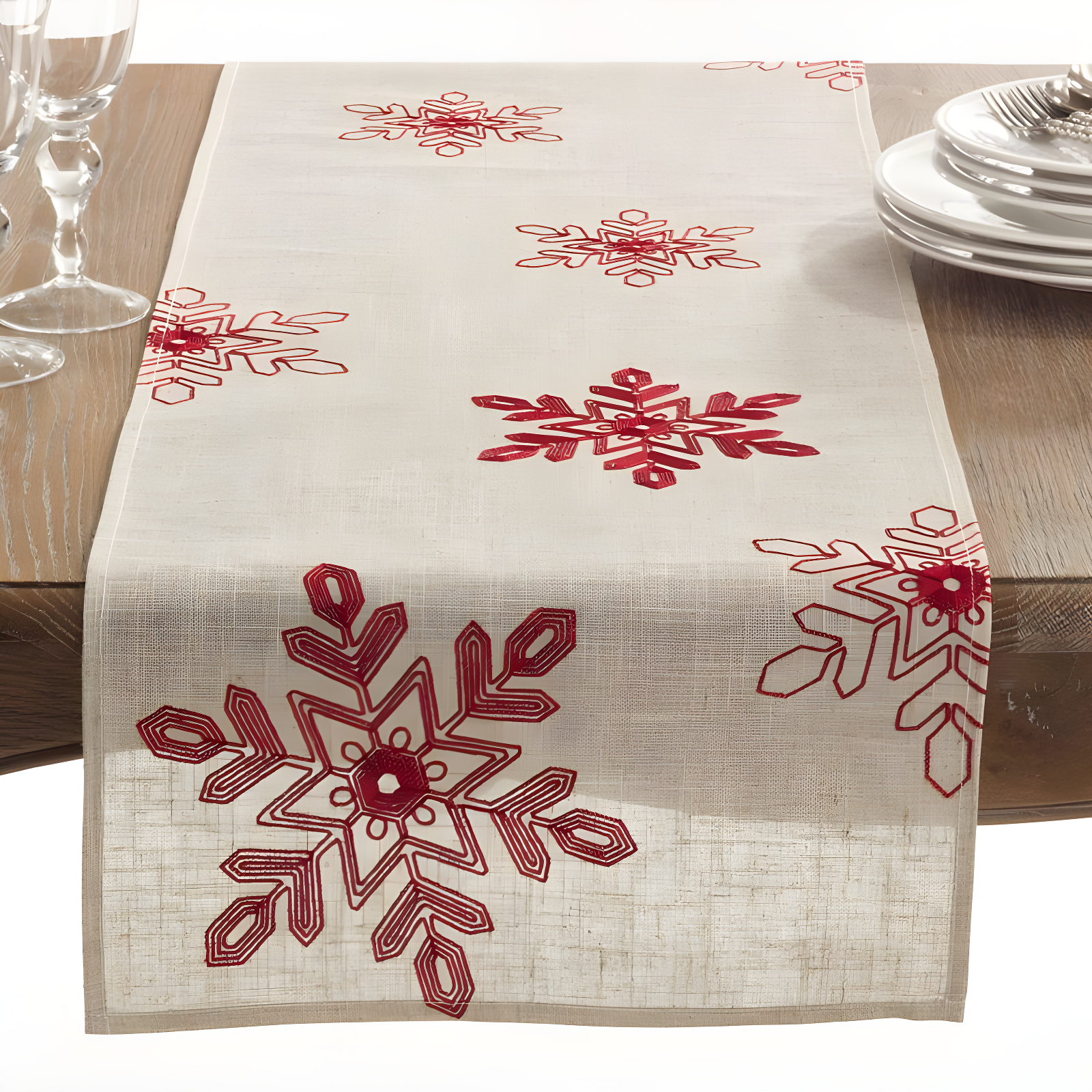 Red Embroidered Snowflakes Winter Polyester Table Runner