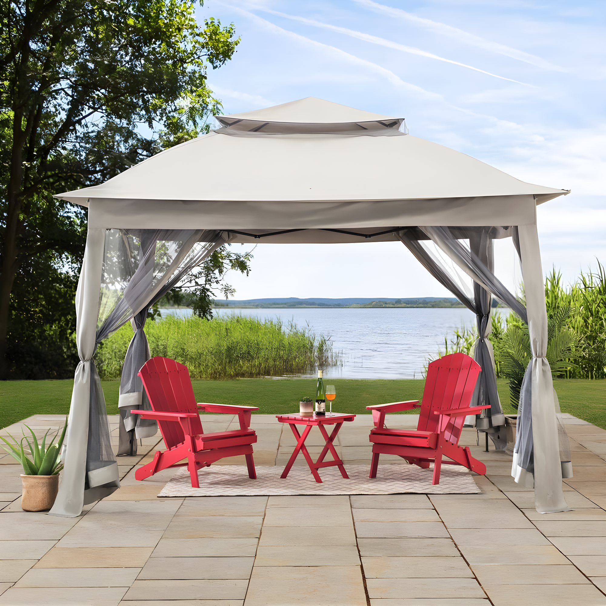 Sunjoy 11 ft. x 11 ft. Khaki and Gray Steel Pop-Up Gazebo