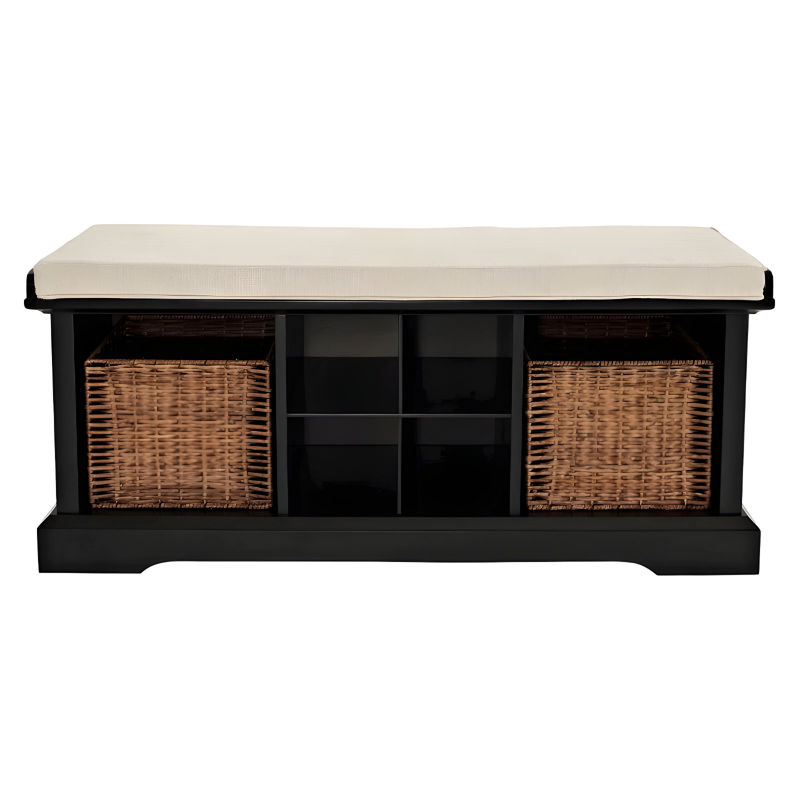 Elegant Brennan Black Entryway Bench with Wicker Storage Baskets