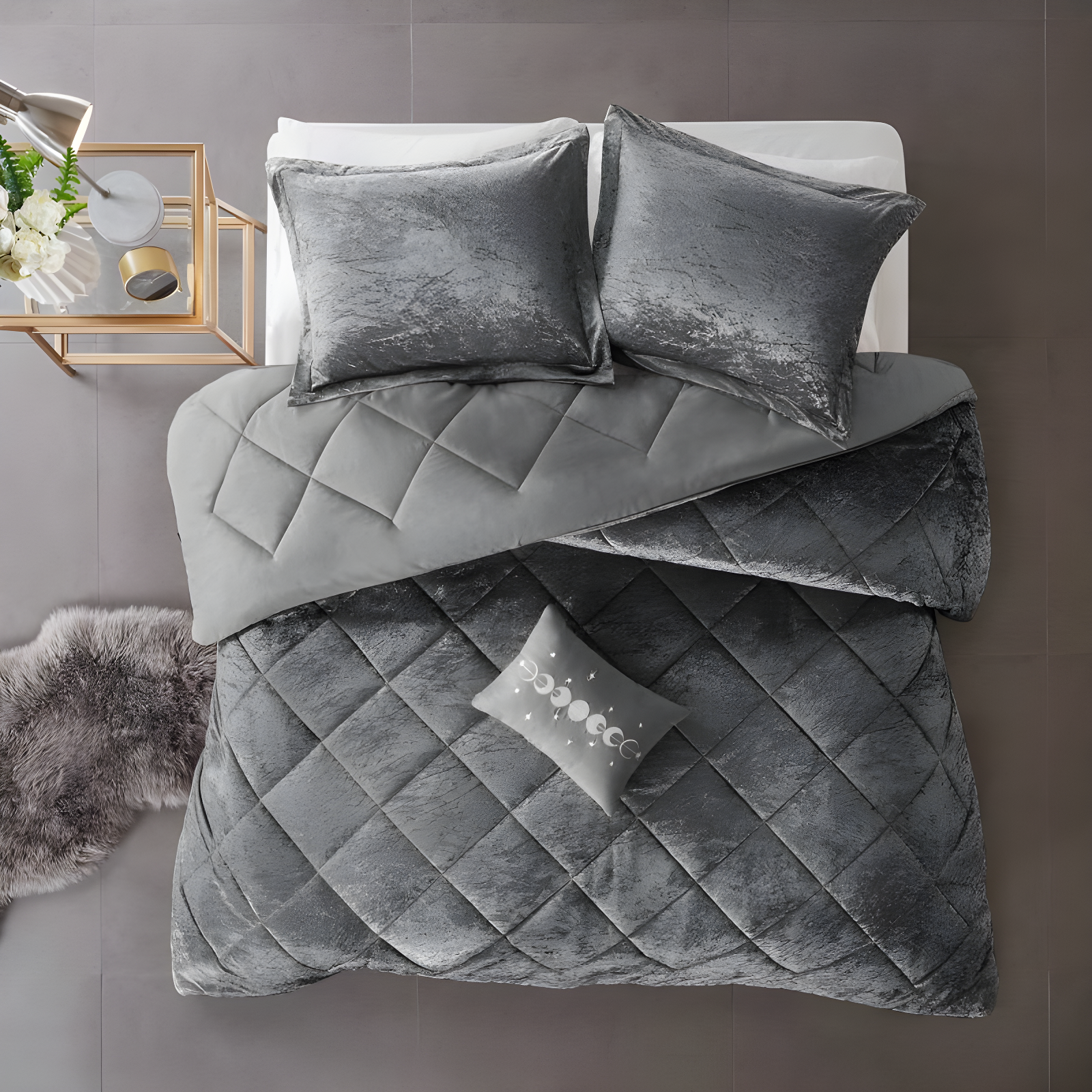 Gray King Velvet Diamond Quilted Comforter Set