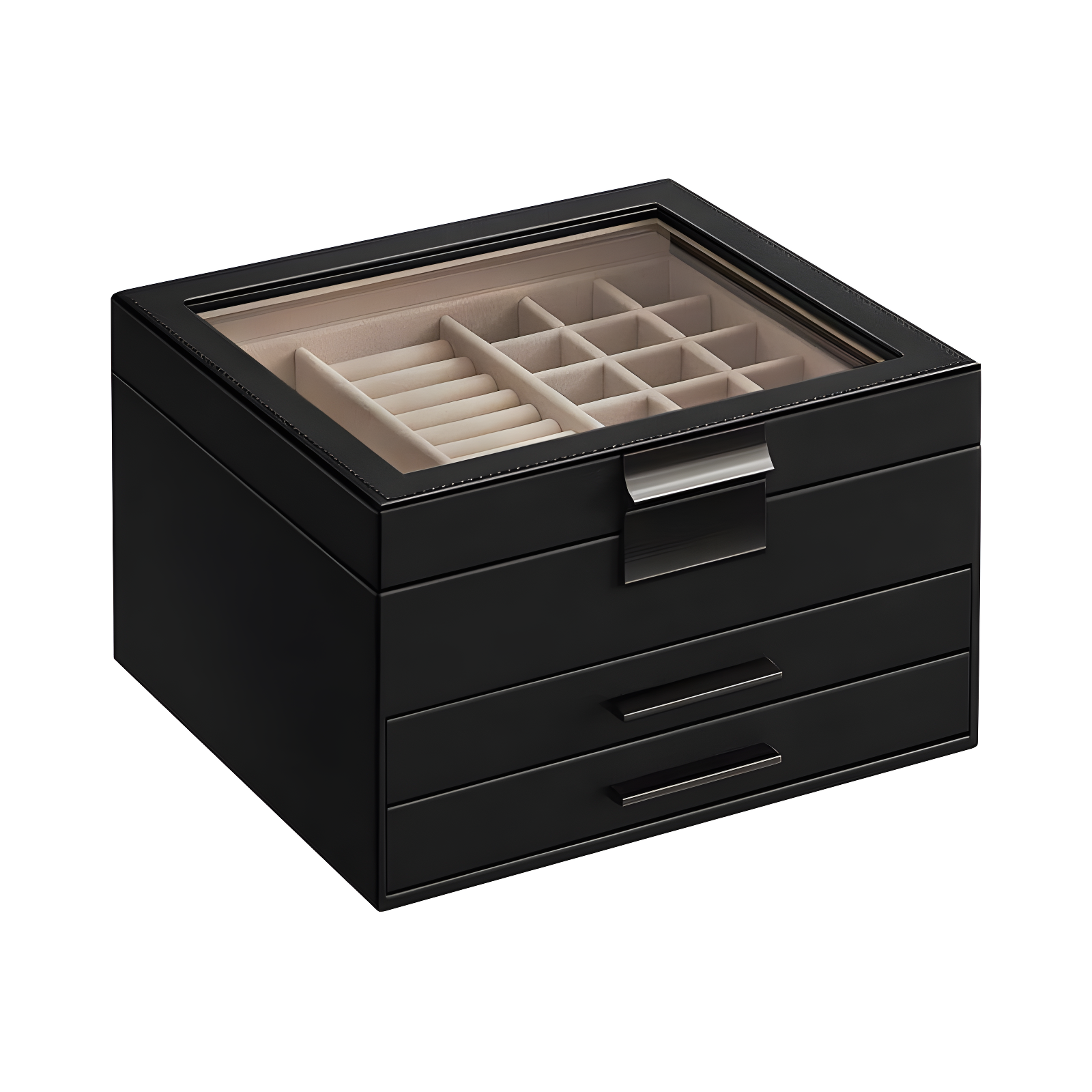 Black 3-Layer Jewelry Box with Glass Lid and Drawers