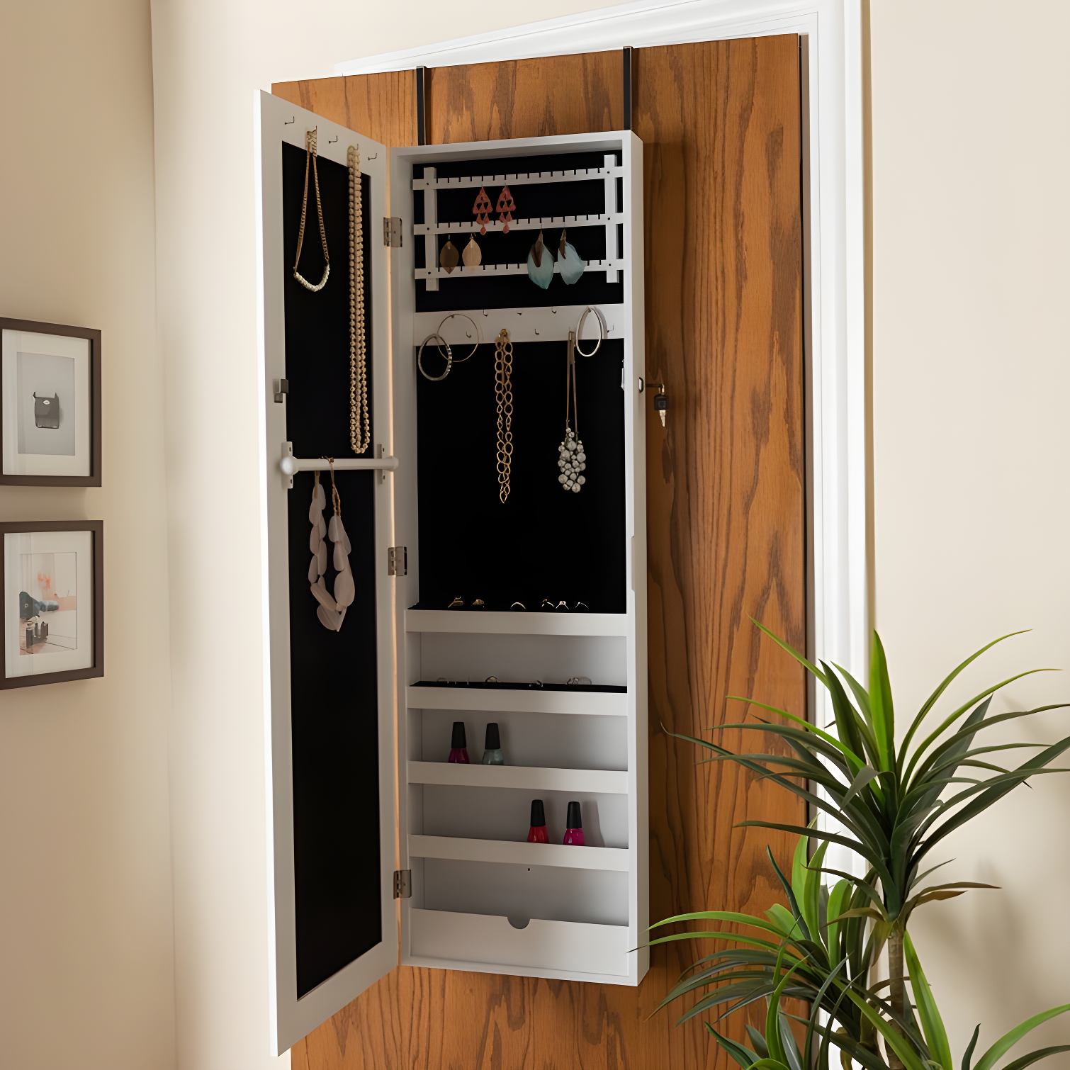 White Wall Mounted Jewelry Armoire with Mirror