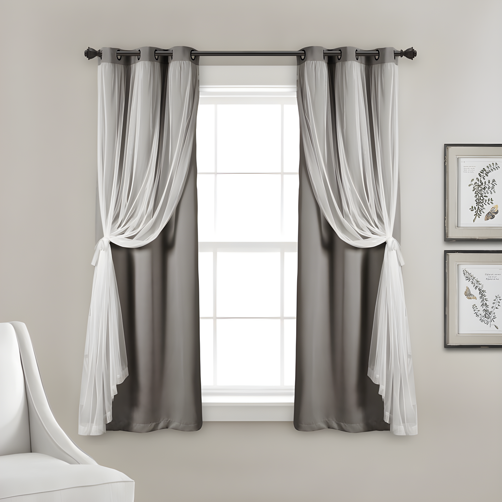 Light Gray Polyester Blackout Grommet Curtain Panels with Sheer Overlay